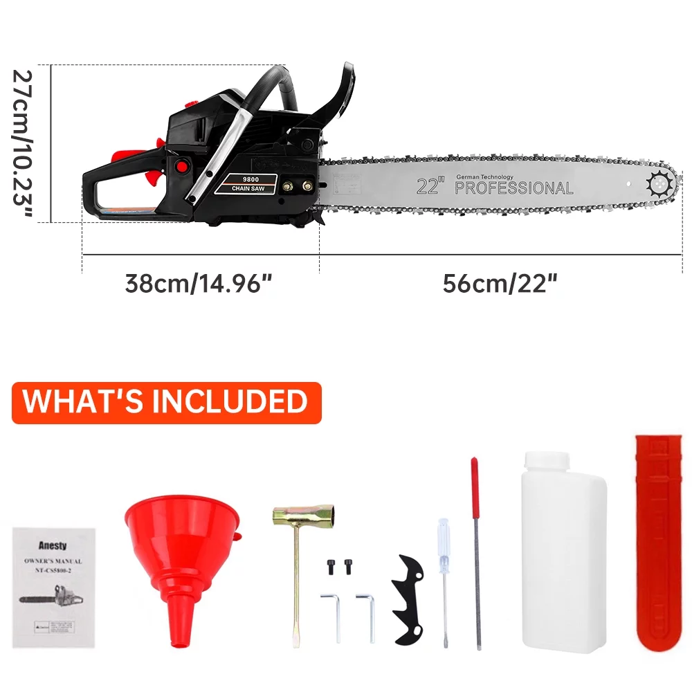 TOPTENG Gasoline Chainsaw with 22 in. Bar 52CC Engine 2-Cycle Gas Powered Chainsaw for Farm/Garden/Ranch/Firewood - Womvr