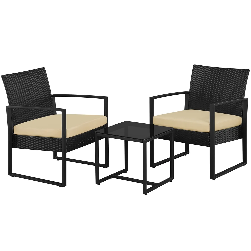 Yaheetech Modern 3-piece Patio Rattan Chairs & Table Set with Cushions, Black/Gray - Womvr