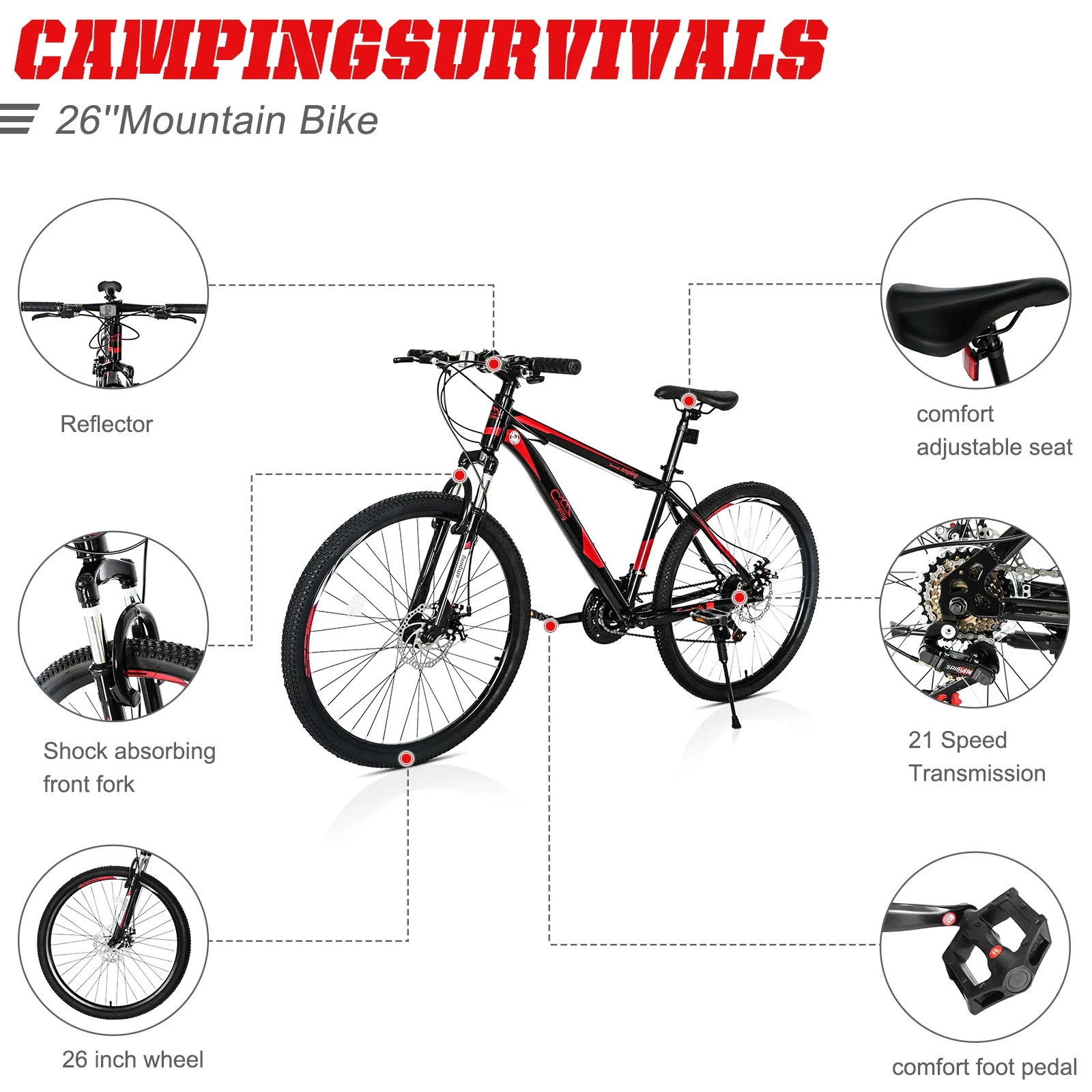 Campingsurvivals 21 Speed Mountain Bikes, with 26 inch Wheels and Dual Disc Brakes, Red/Black - Womvr
