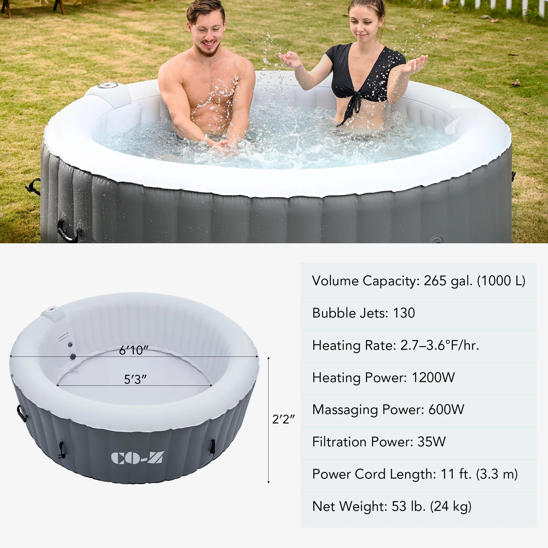 CO-Z 4-6 Person 7' Blow-Up Hot Tub with 130 Air Jets Cover Electric Pump Portable Pool, Gray - Womvr