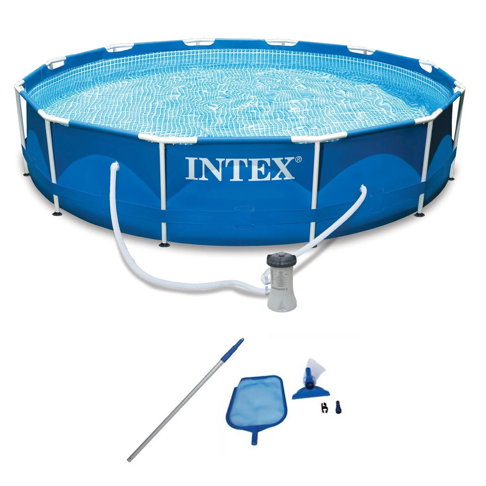 Intex 12' x 2.5' Round Pool w/ Filter Pump & Pool Cleaning Kit w/ Vacuum & Pole - Womvr
