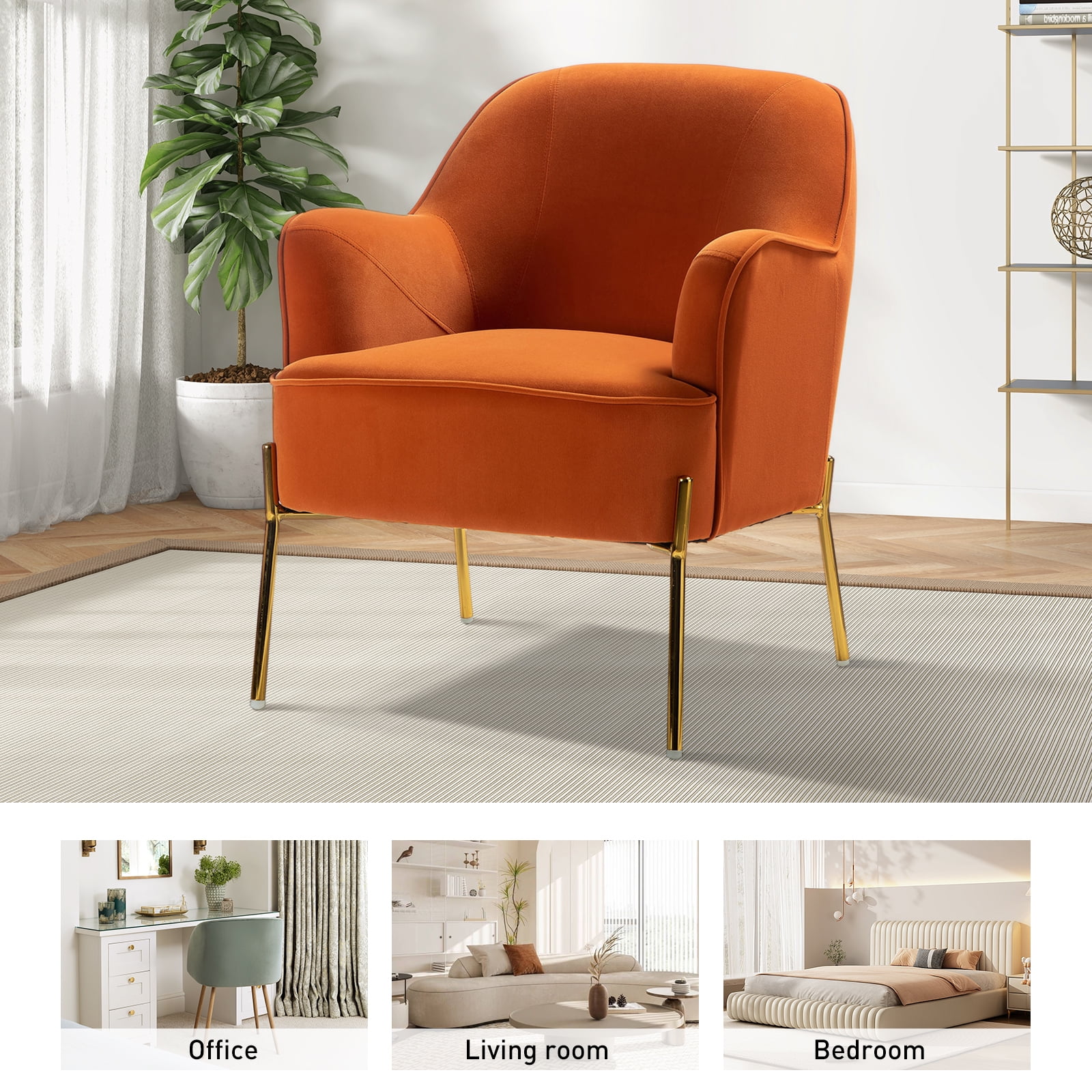 Velvet Upholstered Accent Chair Metal Legs Curved Backrest Lounge Home Armchair Bedroom Adult Pink - Womvr