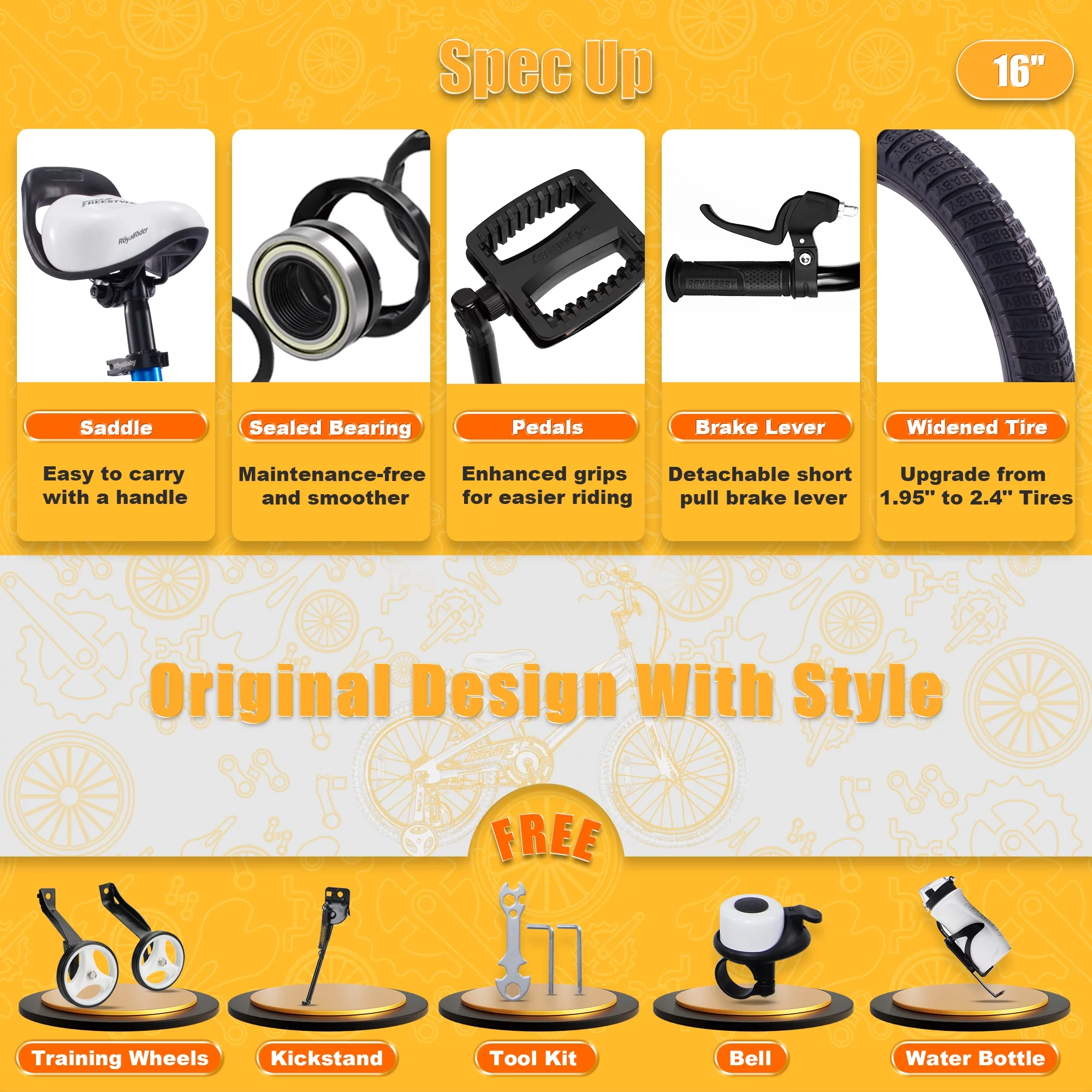 Royalbaby Boys Girls Kids Bike 16 In BMX Freestyle Black 2 Hand Brakes Bicycles with Training Wheels Child Bicycle - Womvr