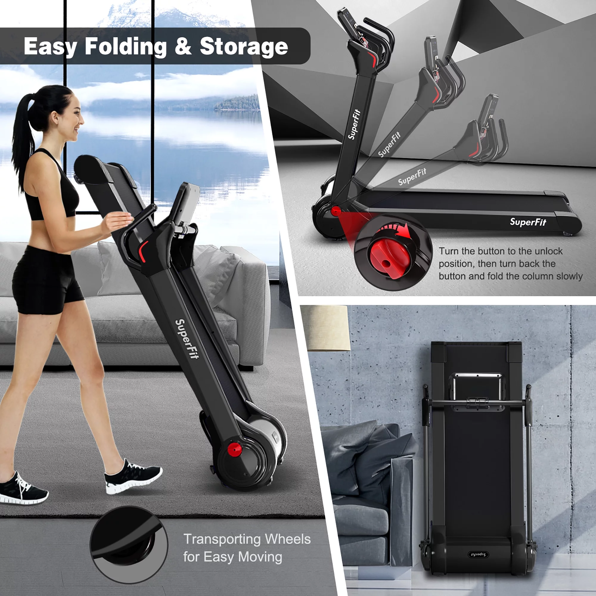 Superfit Folding 2.25HP Electric Treadmill Running Machine APP Control Bluetooth Black - Womvr