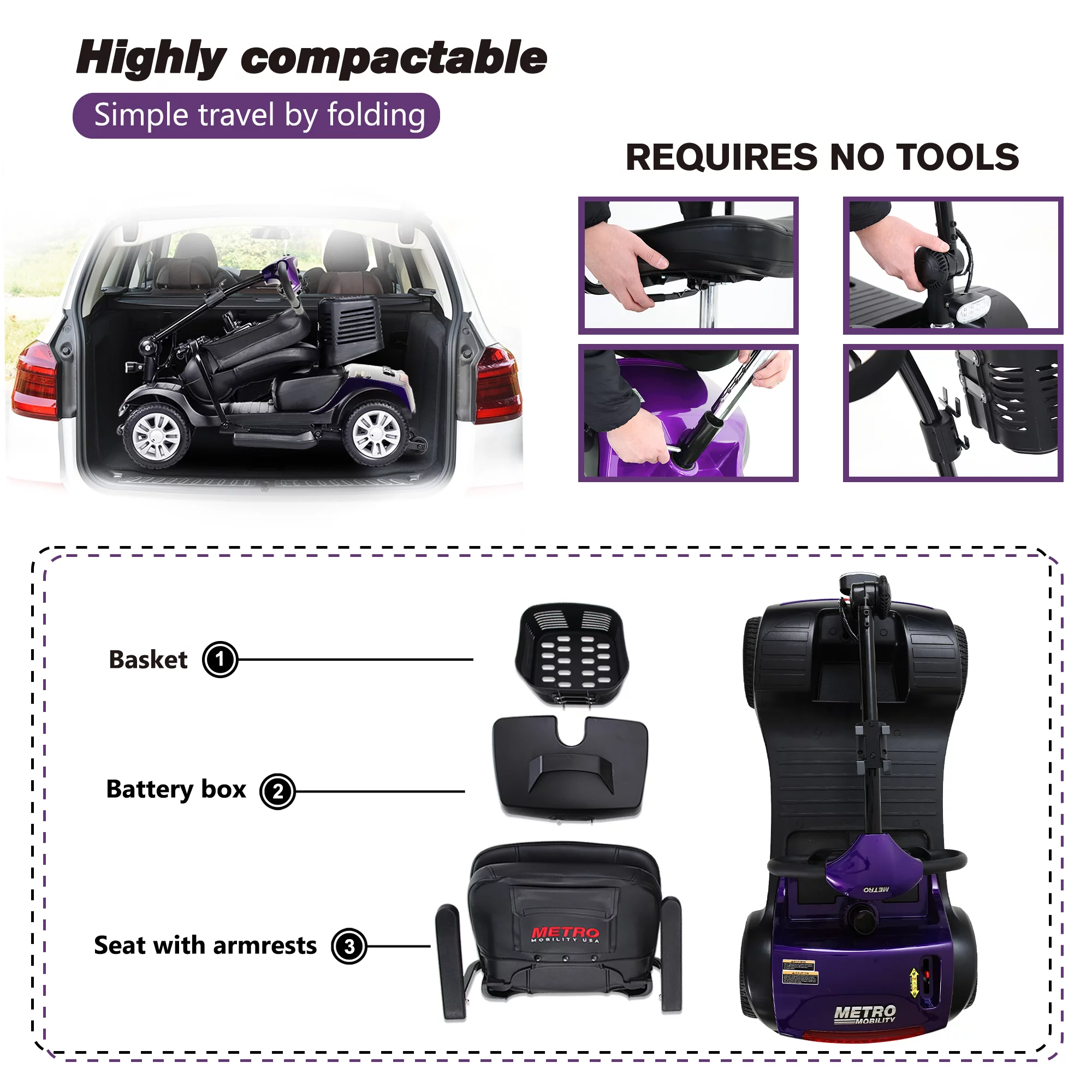 Electric Mobility Scooter for Adults and Seniors - 300 lbs Max Weight, 4-Wheel Powered Mobility Scooters Wheelchair Device for Travel, Elderly (with Head Light-White) - Womvr