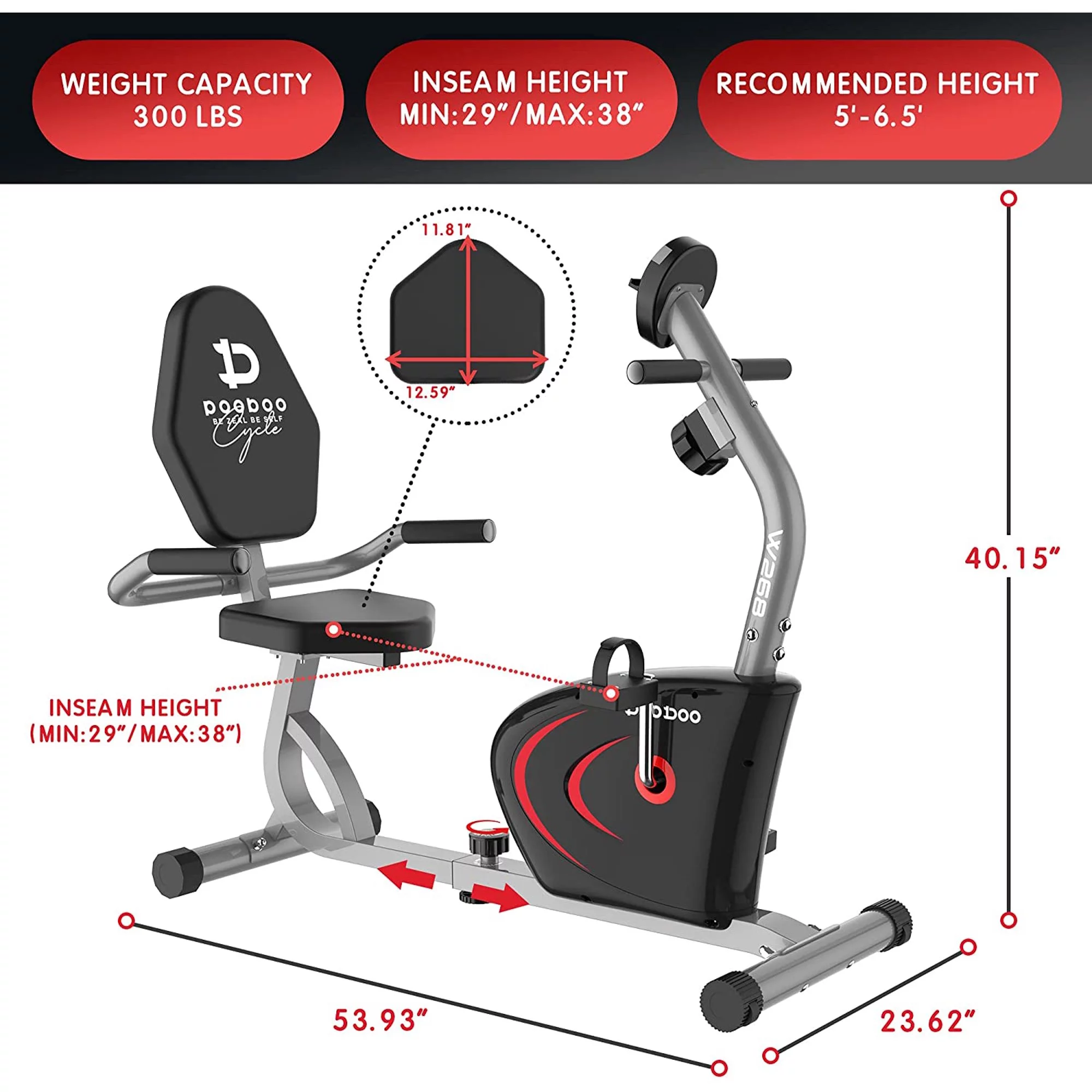 Pooboo Recumbent Exercise Bikes Sit Down Stationary Bicycle Magnetic Resistance Indoor Cycling Bike 330lb - Womvr