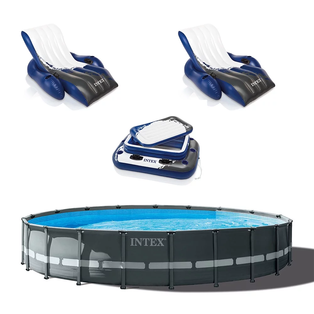Intex 24ft x 52in Ultra XTR Round Frame Pool, Loungers (2 Pack), Floating Cooler - Womvr
