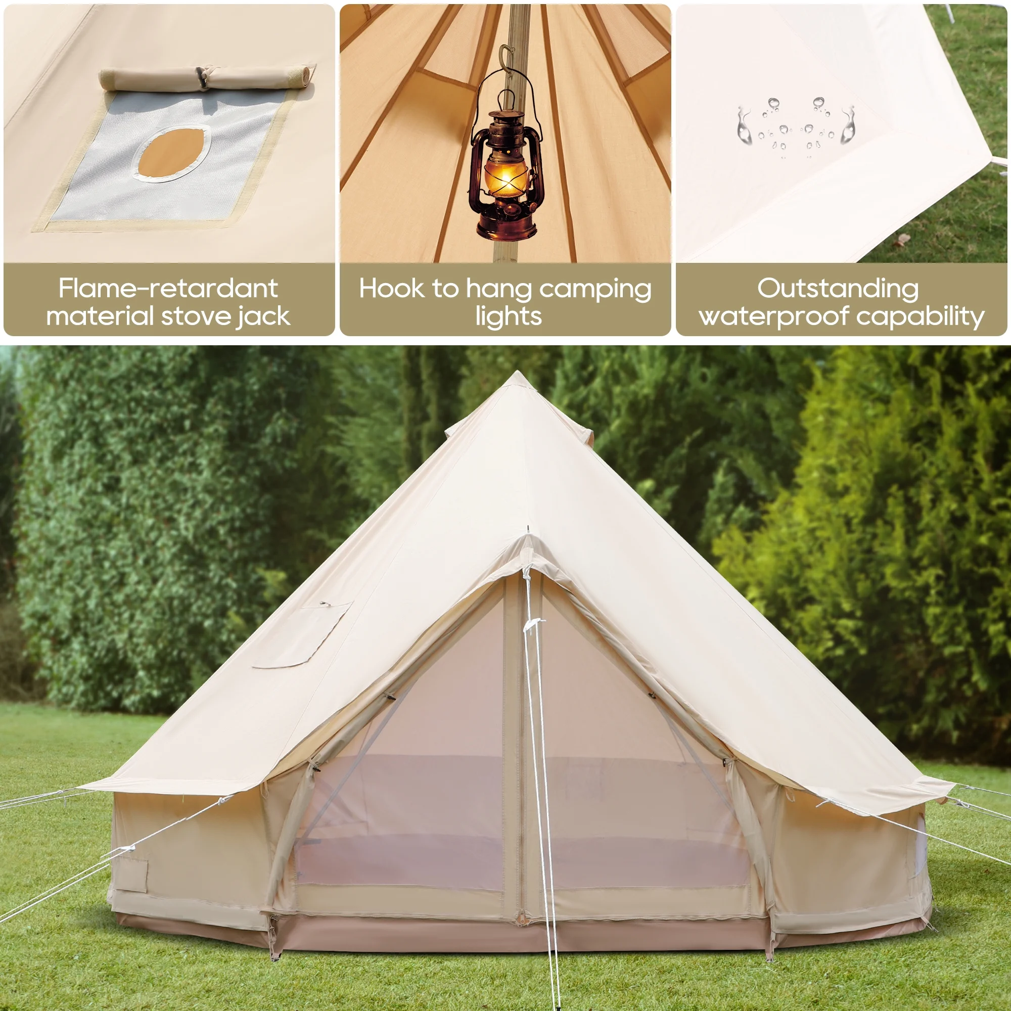 LVUYOYO Bell Tent for Camping, Cotton Canvas Bell Tent with Stove Jack, Outdoor Canvas Bell Tent for Family Glamping Camping, 4 Season Tent with Zipped Removable Floor,5M,Green - Womvr