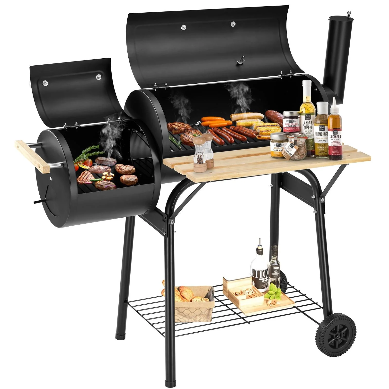 BBQ Charcoal Grill, 45.28-Inch Length Portable Barbecue Grill, Offset Smoker Barbecue Oven with Wheels & Thermometer for Outdoor Picnic Camping Patio Backyard, B026 - Womvr