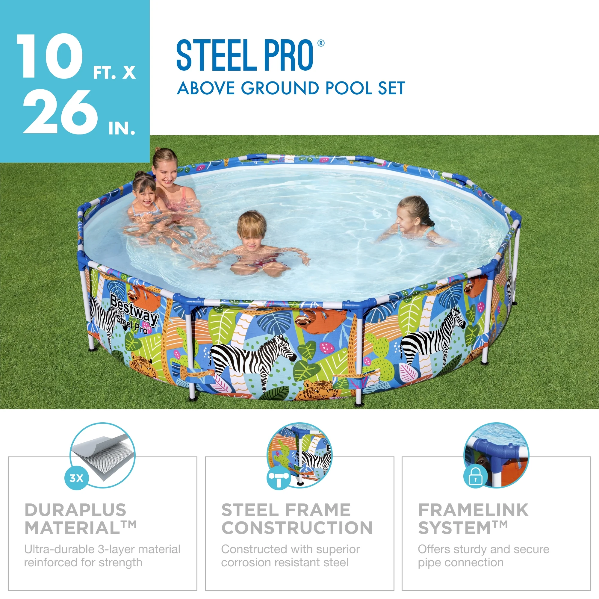 Bestway Steel Pro 10 ft. x 26 in. Round Metal Frame Above Ground Pool, Animal Print - Womvr