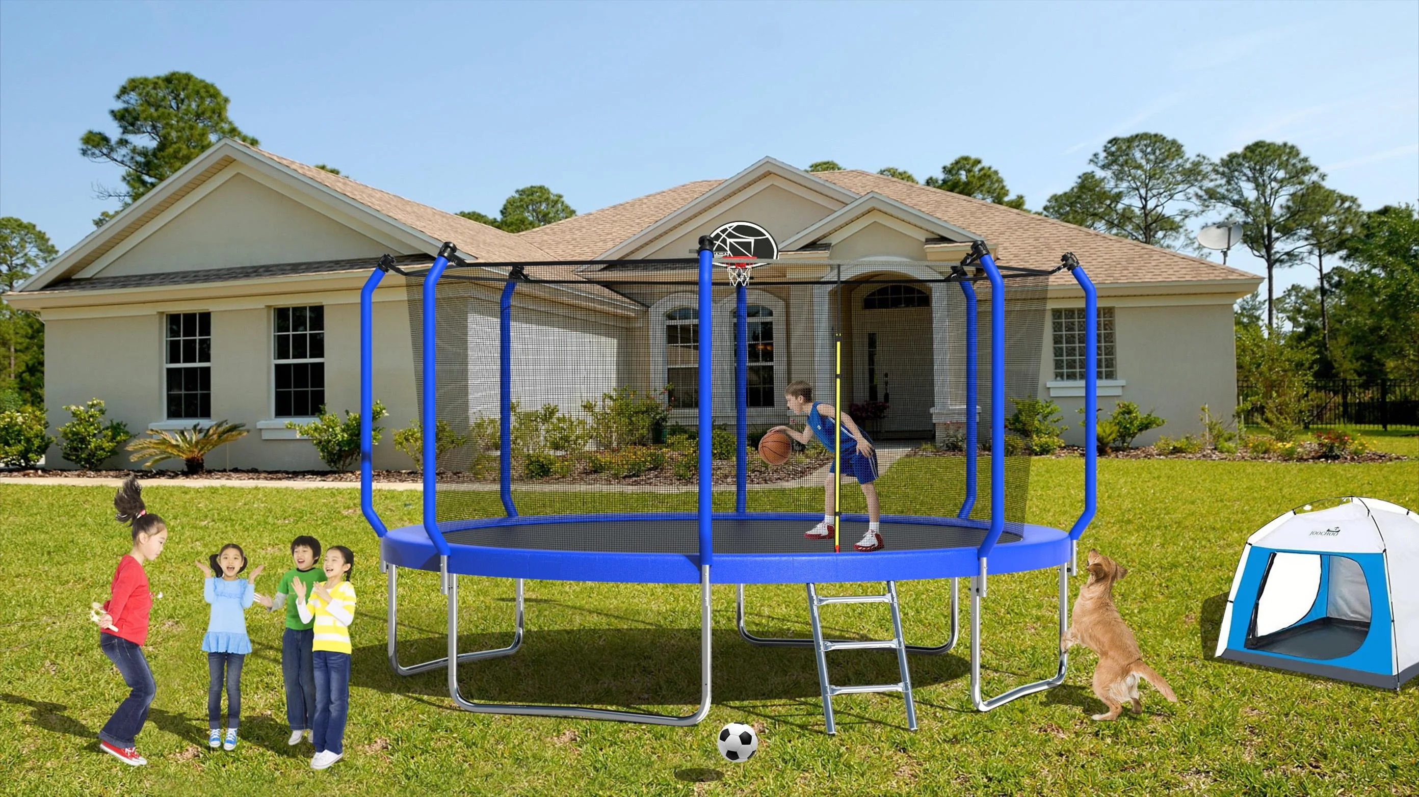 Seizeen Outdoor Trampoline for Kids, 12FT Round Trampoline W/ Enclosure,  Upgraded Colorful Trampoline with Hoop Ladder - Womvr