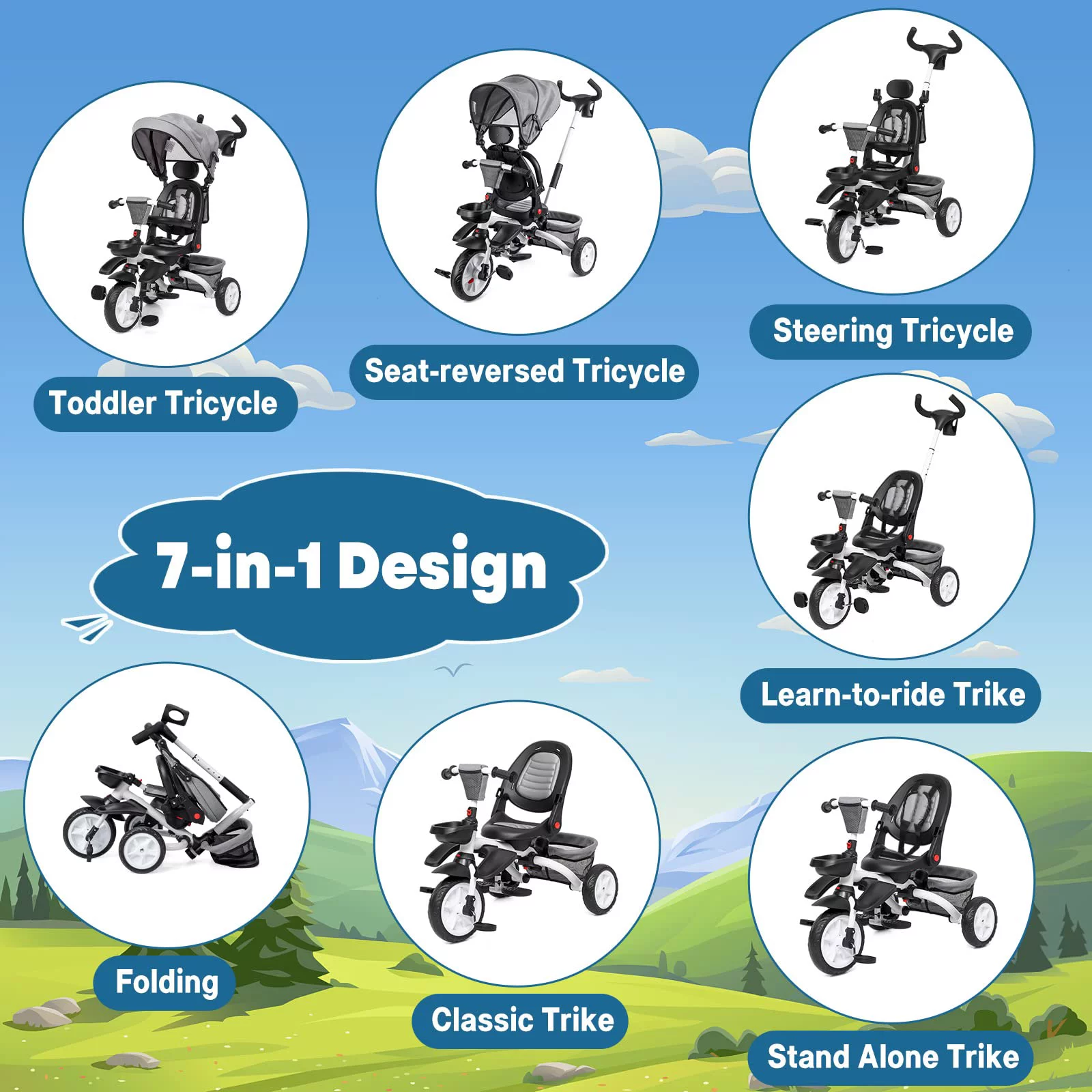 Baby Tricycle 7 in 1,Folding Toddler Trike W/Adjustable Removable Push Handle,Safety Harness,Brake ,Rotatable Seat, Adjustable Canopy, Storage, Cup Holder,Tricycle for 1-5 Year Old Toddlers (Gray) - Womvr