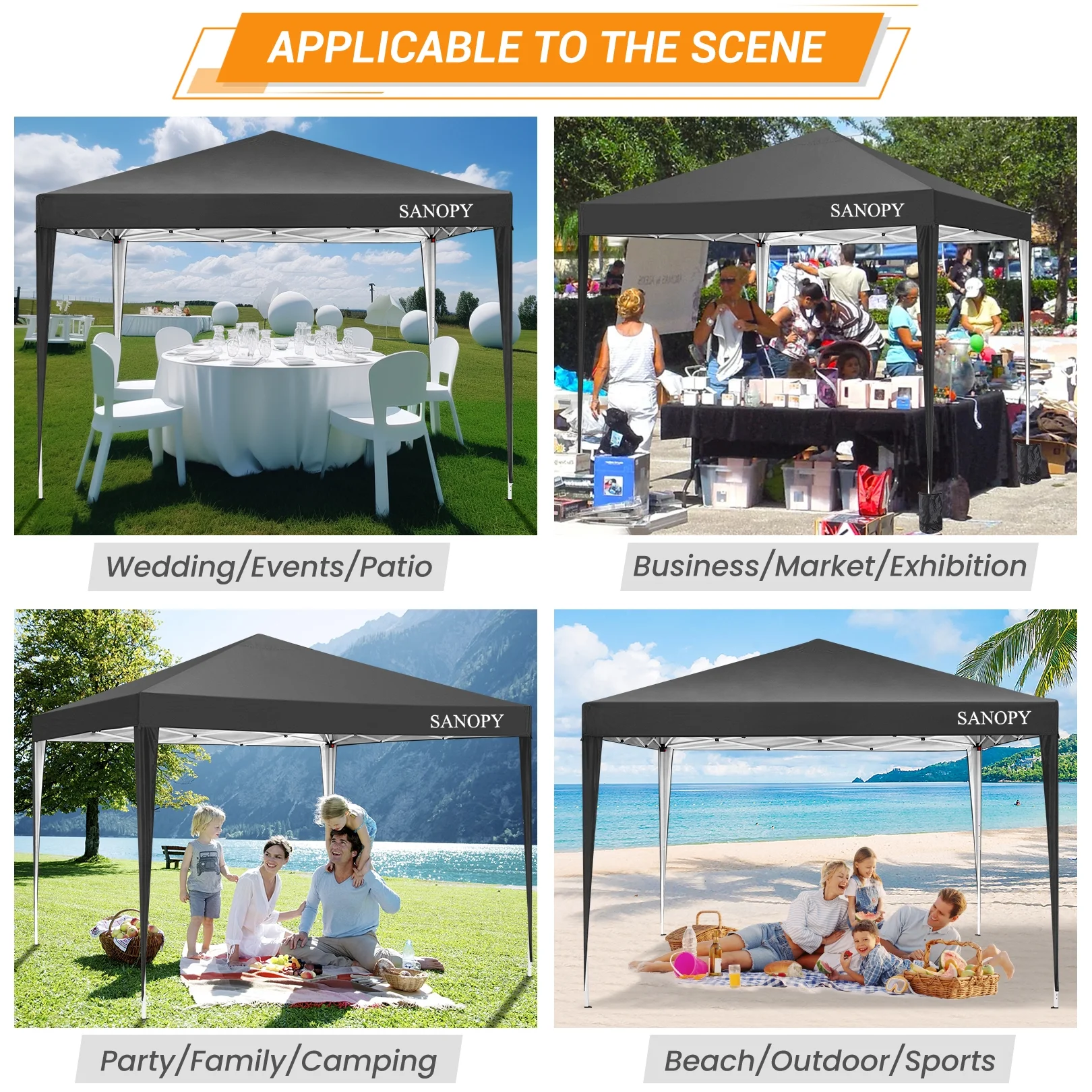 SANOPY 10'x10' EZ Pop Up Canopy Tent Outdoor Party Instant Shelter Portable Folding Beach Canopy with 4 Sandbag & Carrying Bag, Black - Womvr