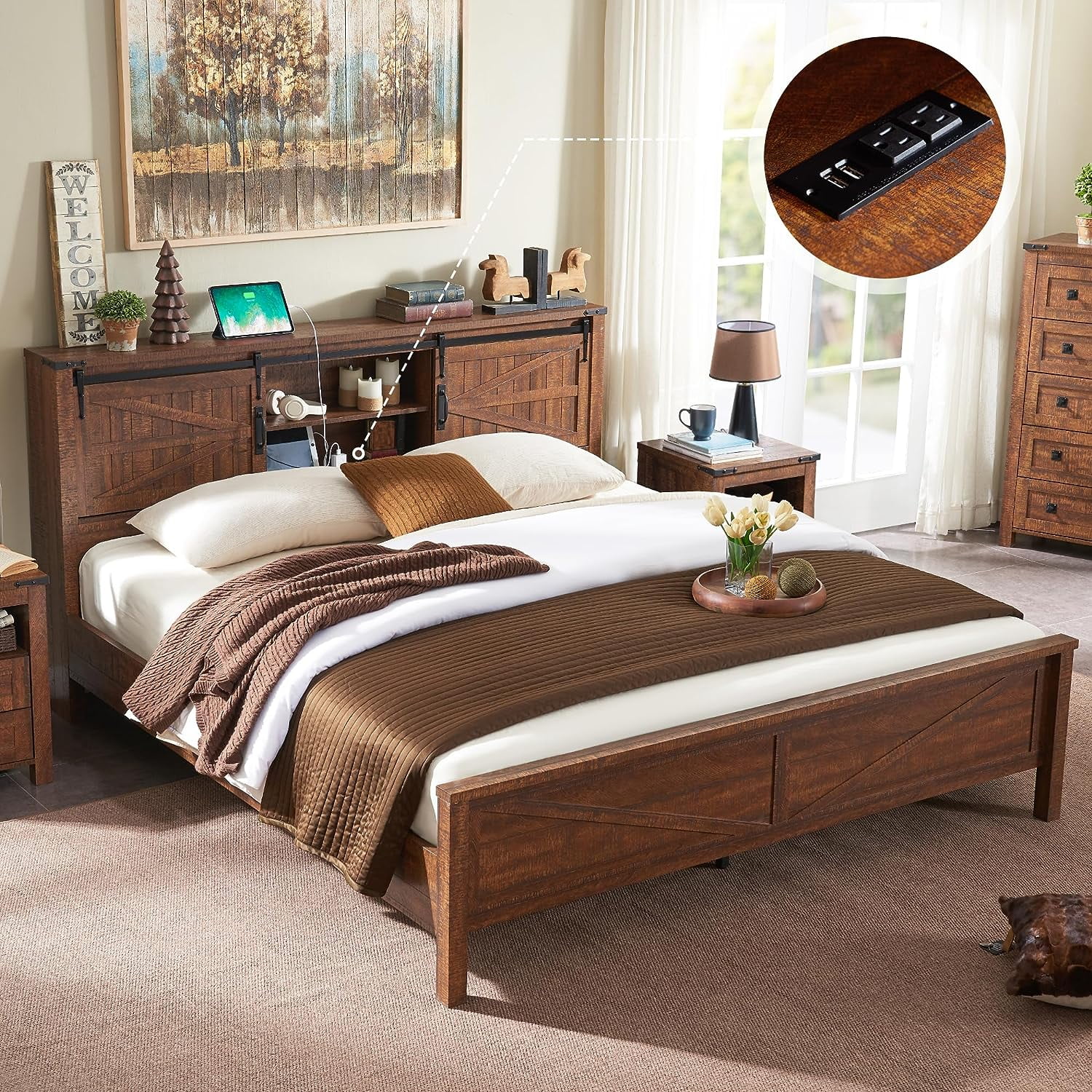 OKD Modern Farmhouse Full Platform Bed with Bookcase Headboard Storage and Charging Station, No Box Spring Needed, Anitique White Finish - Womvr