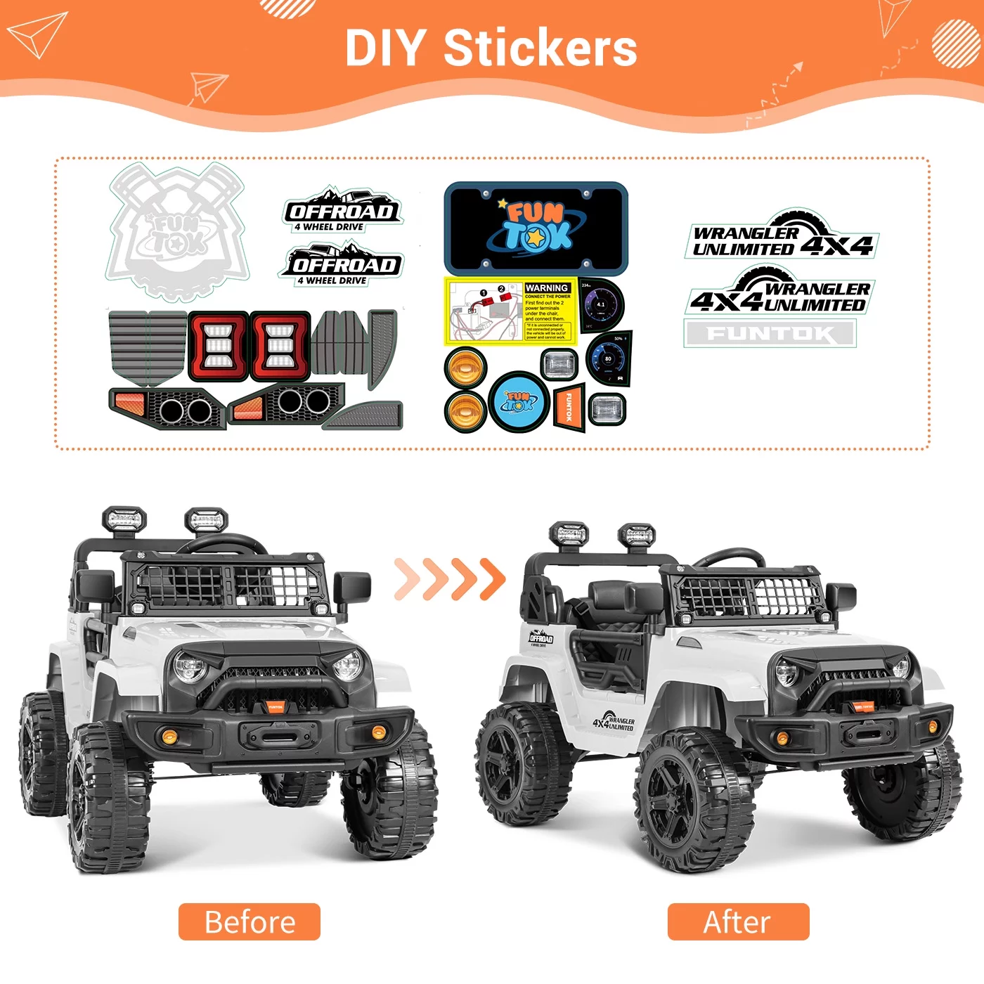 FUNTOK Kids 12V Electric Ride on Toy Car with Remote Control, Spring Suspension, DIY Stickers and Music Player - Womvr