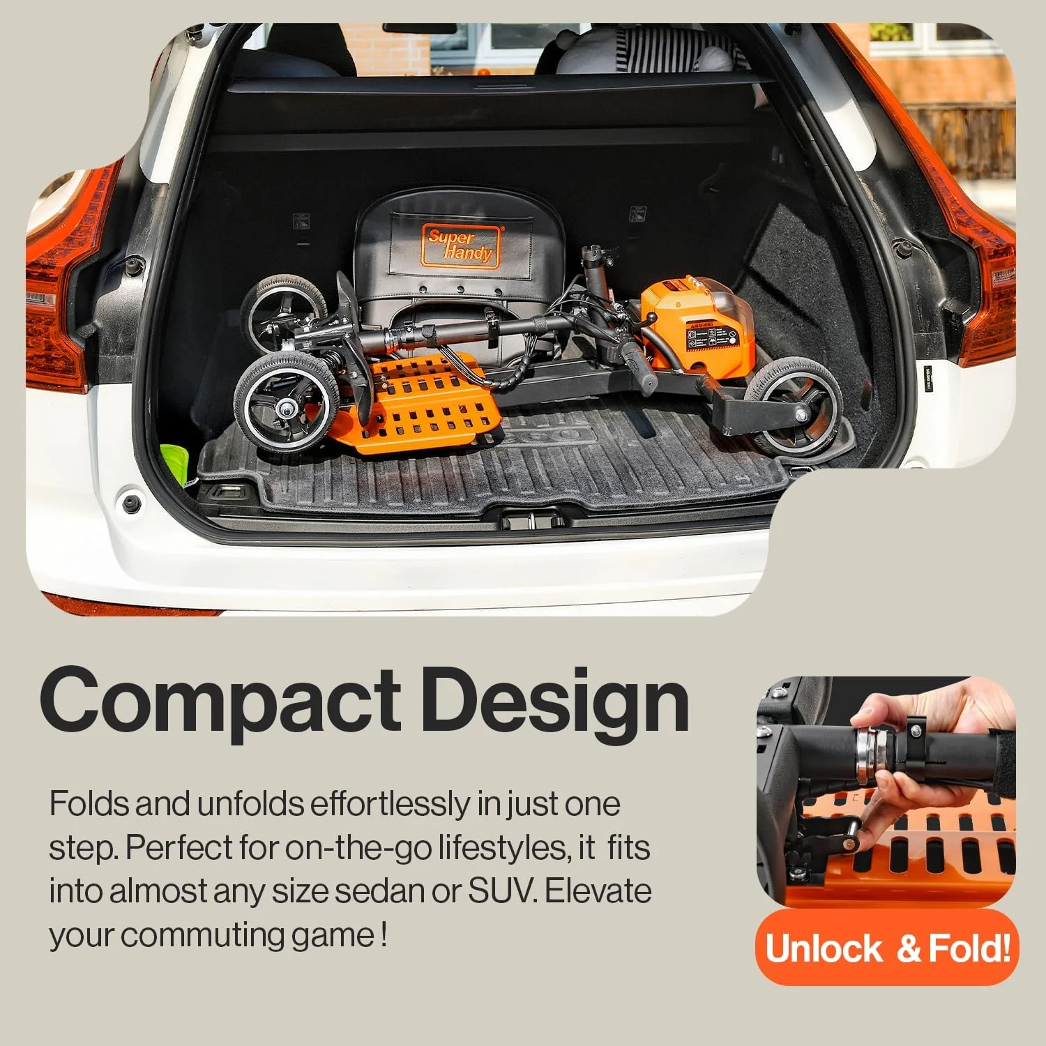 SuperHandy 4-Wheel Mobility Scooter - Lightweight, Foldable, 48V 2Ah Li-Ion Battery, Adjustable, Flat-Free Tires, 330lbs Capacity (Orange & Black) - Womvr