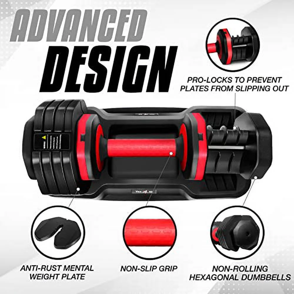 Yes4All One Second Multi Weight Adjustable Dumbbells Set of 2 for Different Workout Levels - 55LBS - Single - Red Grip - Womvr