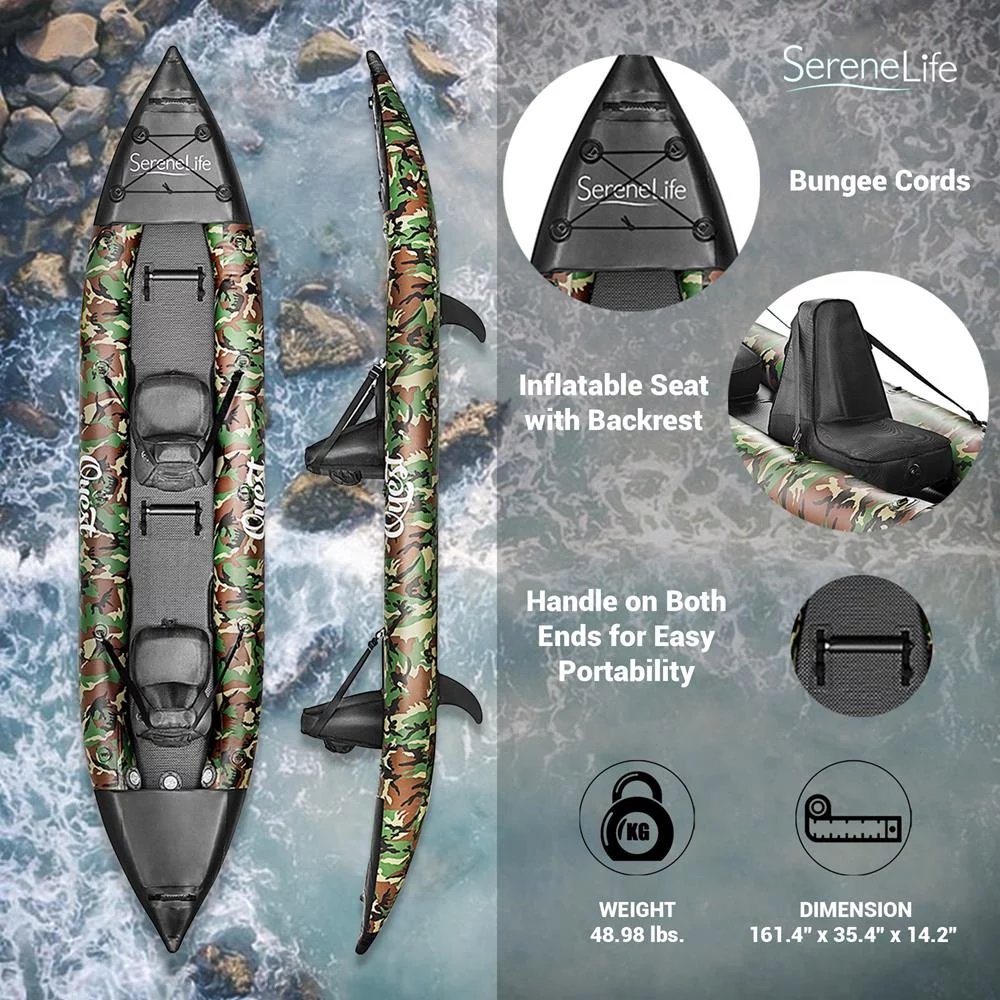 SereneLife 2 Person Inflatable Kayak Double Kayak W/ Aluminum Paddles, Repair Kit Lightweight, Camo - Womvr