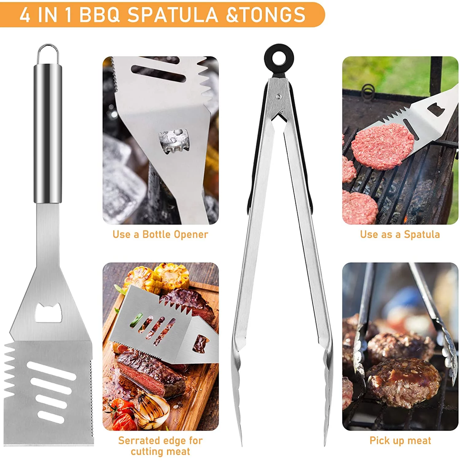 41Pcs BBQ Grill Tool Set with Storage Bag Extra Thick Stainless Steel Spatula Fork & Tongs - Womvr