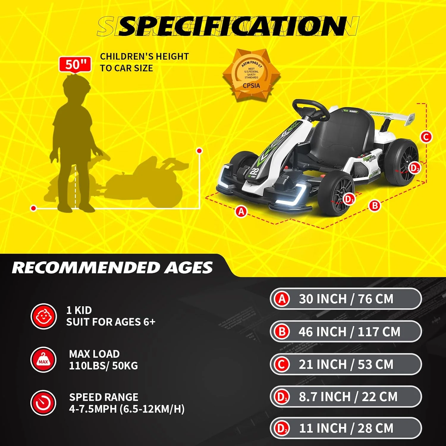 Blitzshark 24 V Kids Go Kart 300W Powerful Electric Pedal Go Kart, with Drift/Sports Mode, EVA Tires, Brake Pedal, White - Womvr