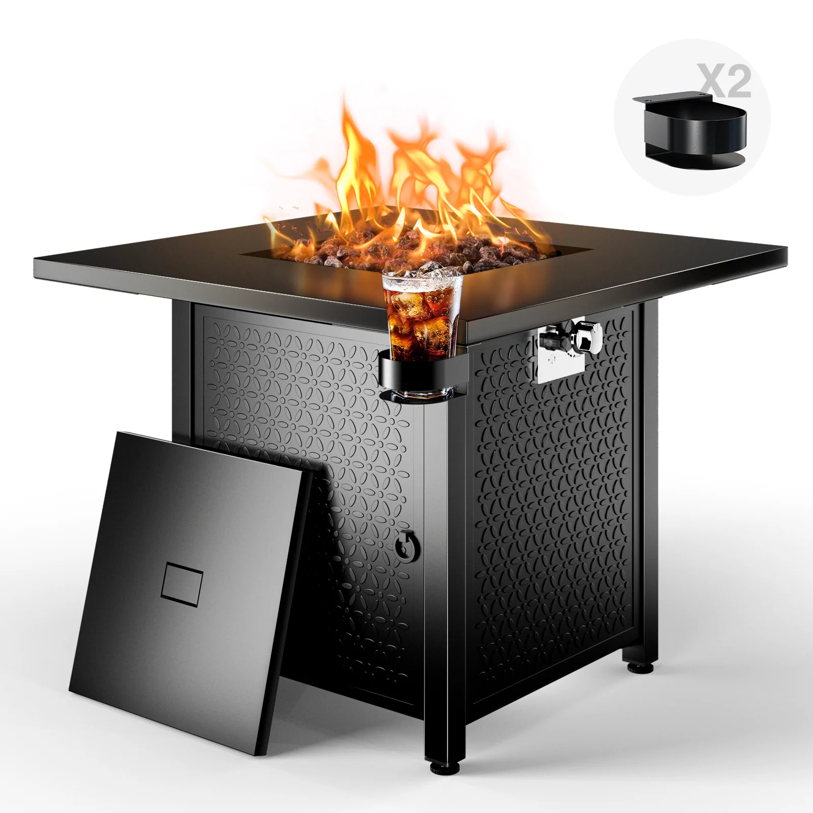 28 Inch Propane Fire Pits with Lid and Lava Rock, 50000 BTU Steel Gas Fire Pit Table for Outdoor - Womvr