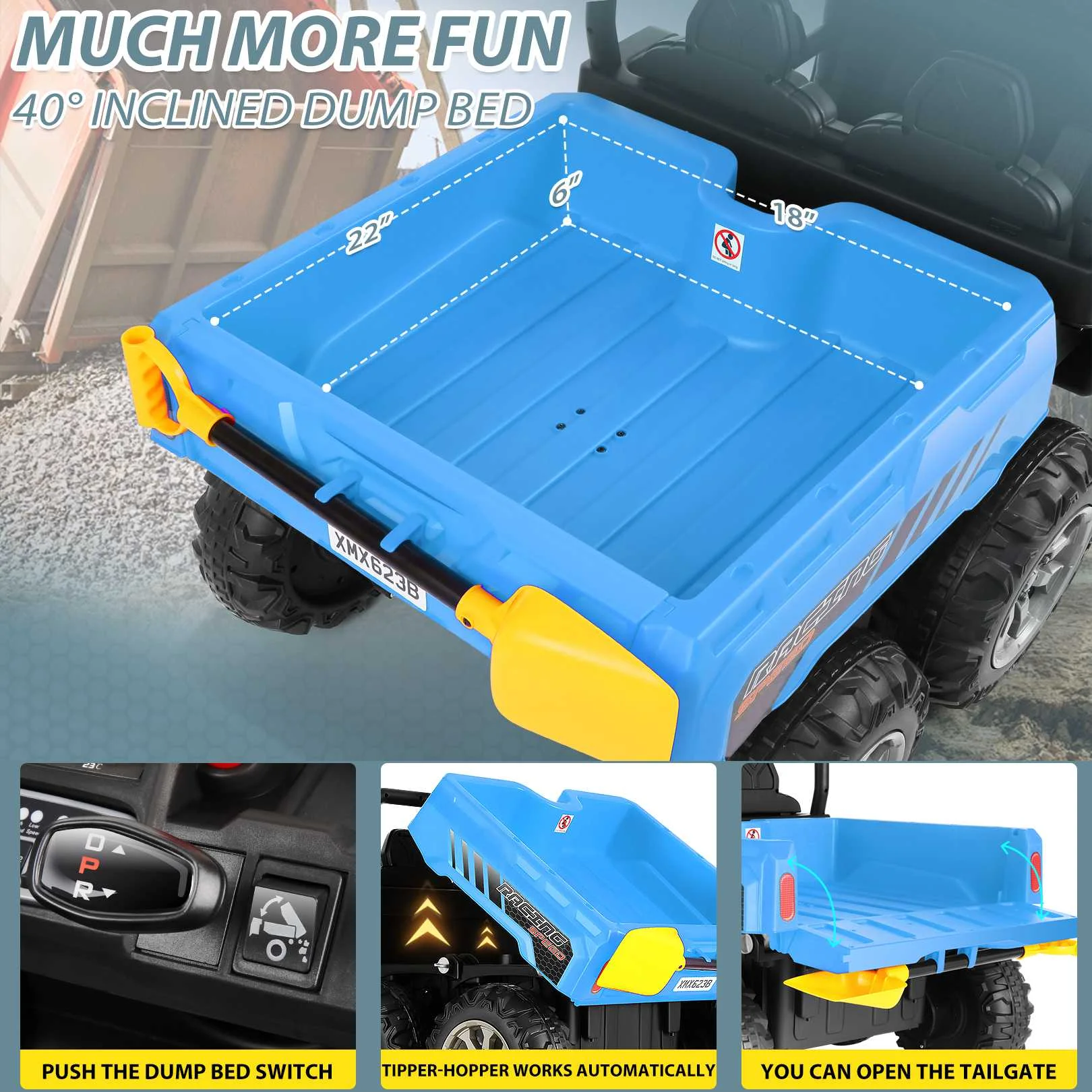 Funcid 24 V 4WD Kids Kids Ride on UTV with Remote Control, 2 Seater 6-Wheel Ride on Dump Truck Car, Ride on Toys w/ Tipping Bucket Trailer & Shovel,Bluetooth Music, Black - Womvr