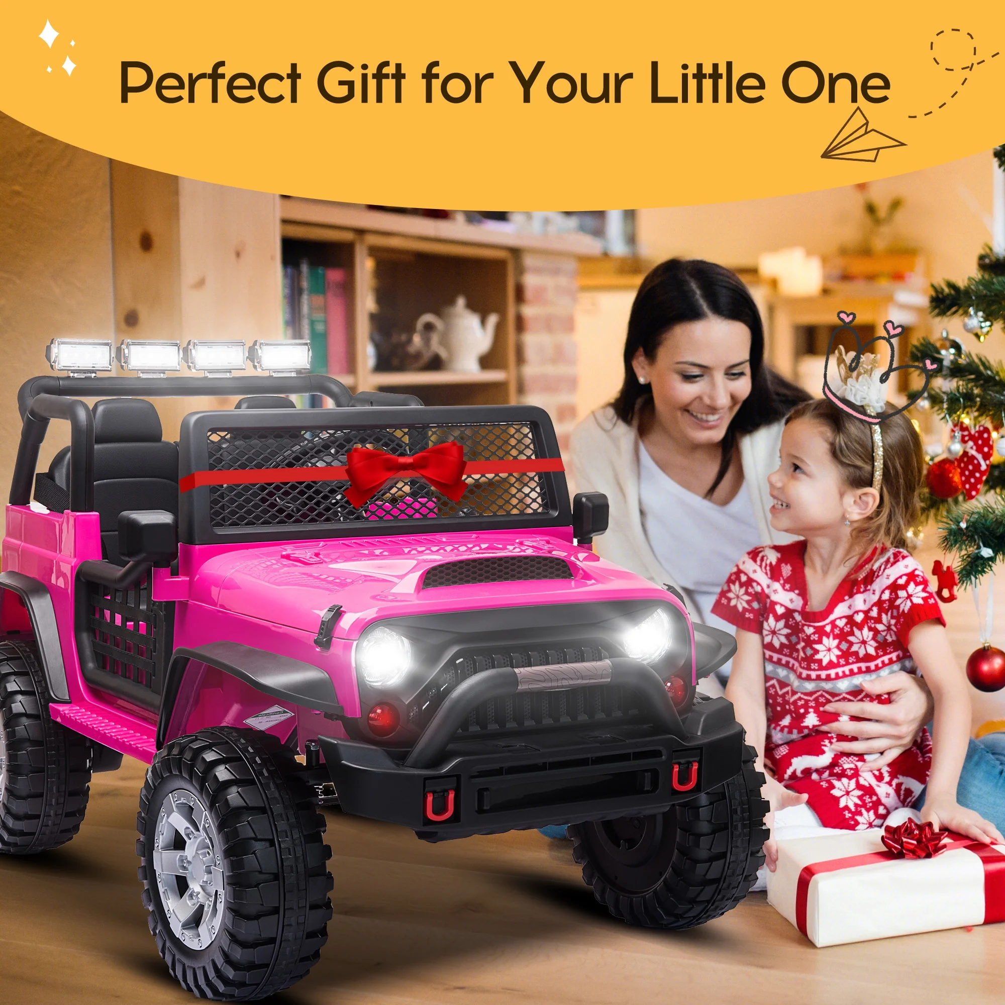 2 Seater Kids Ride on Truck with Remote Control, Music, 12V Children Electric Jeep Car - Womvr