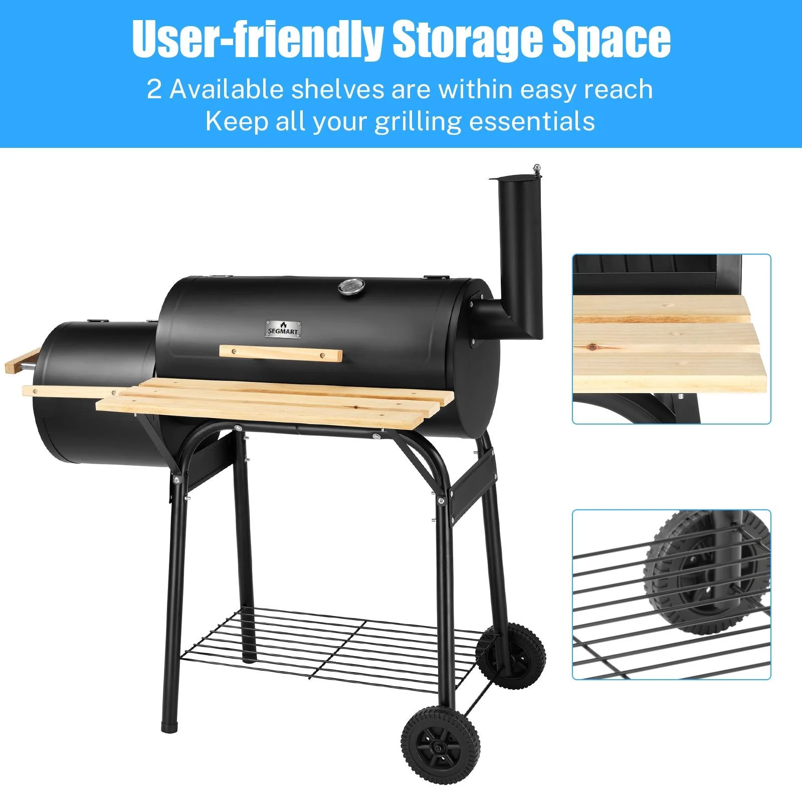 BBQ Charcoal Grill, 45.28-Inch Length Portable Barbecue Grill, Offset Smoker Barbecue Oven with Wheels & Thermometer for Outdoor Picnic Camping Patio Backyard, B026 - Womvr