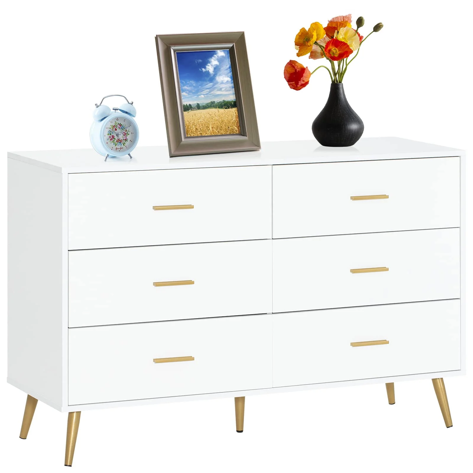 6 Drawer Dresser, Mid-Century Modern Chest Of Drawers, Double Dresser Storage Cabinet For Bedroom Living Room Hallway(White-6 Drawers) - Womvr