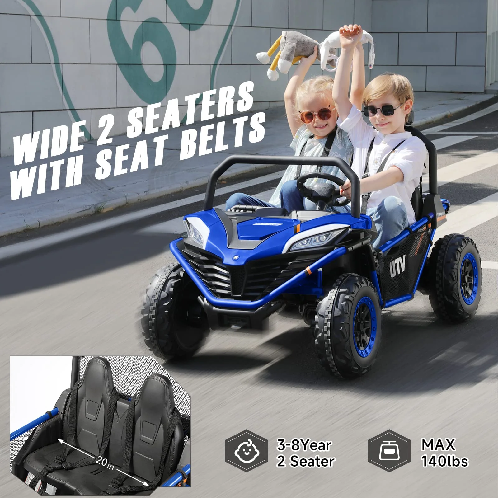 12 V Ride on Car,2 Seater Powered on Truck,4WD Electric Off-Road,Remote Control,Spring Suspension Ride on UTV for 3-8 Kids,Blue - Womvr