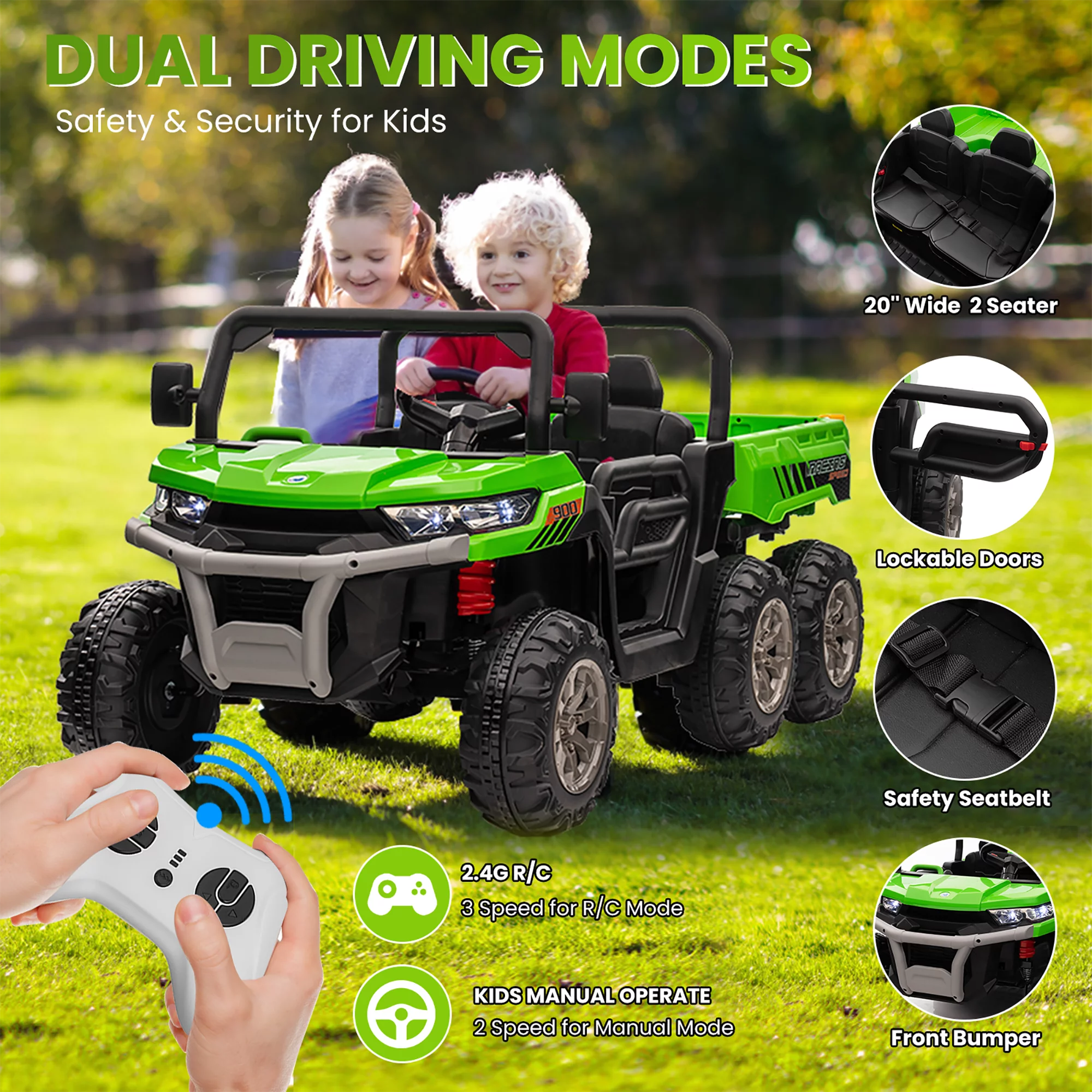 Joyracer 24V Ride on Toys, 2 Seater 6-Wheel UTV Car, 4WD Ride on Dump Truck for Big Kids with Trailer Remote Control, Black - Womvr