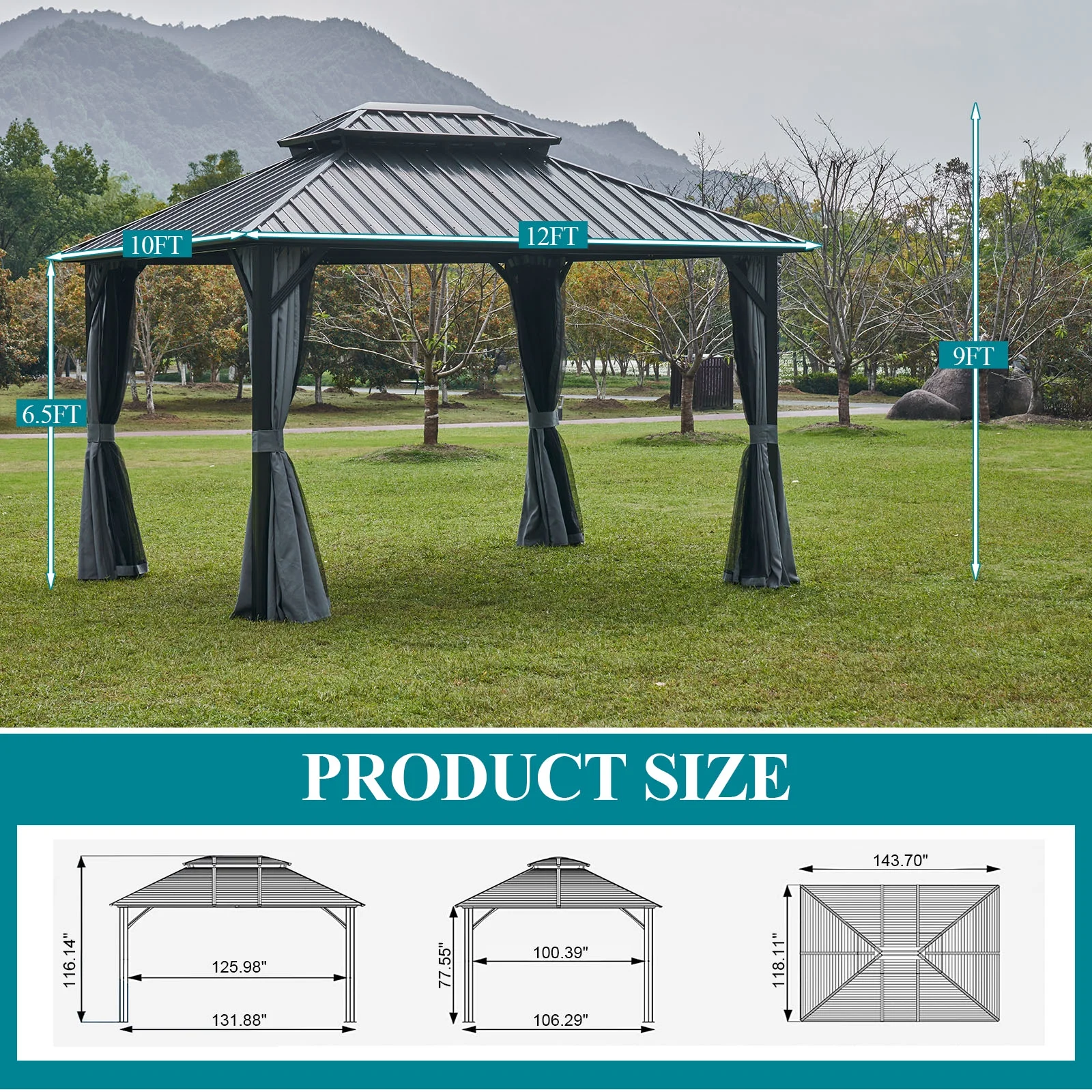 Aoxun 10'x12' Hardtop Gazebo, Outdoor Steel Double Roof Canopy, Aluminum Frame Permanent Pavilion with Curtains and Netting, Sunshade for Garden, Patio, Lawns, Black - Womvr
