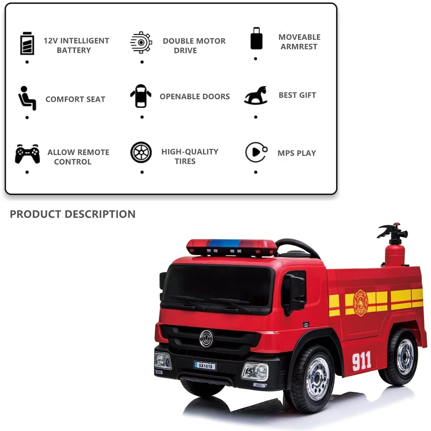Pirecart 12V Kids Ride on Car Electric Powered Fire Truck Toy with Remote Control, LED Lights - Womvr
