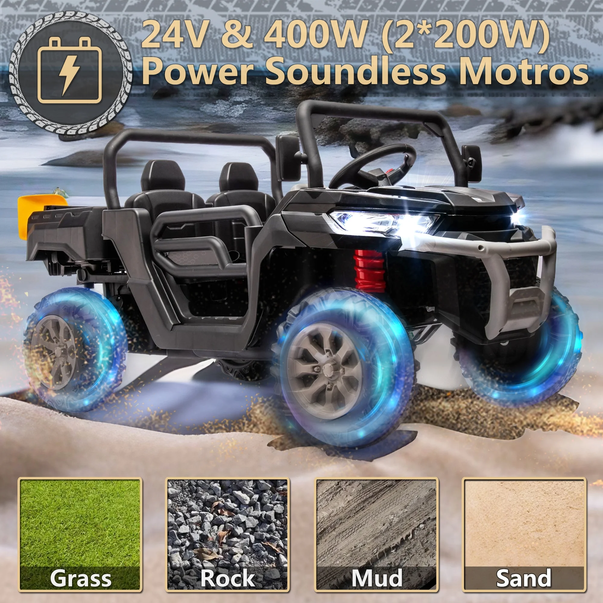 24V 2 Seater Ride on Toys, Ride On UTV with 2x200W Motor Ride On Dump Truck, Ride On Car with Dump Bed/Shovel, Electric Vehicle with Rubber Tires, LED Light, Music, Remote Control, Black - Womvr