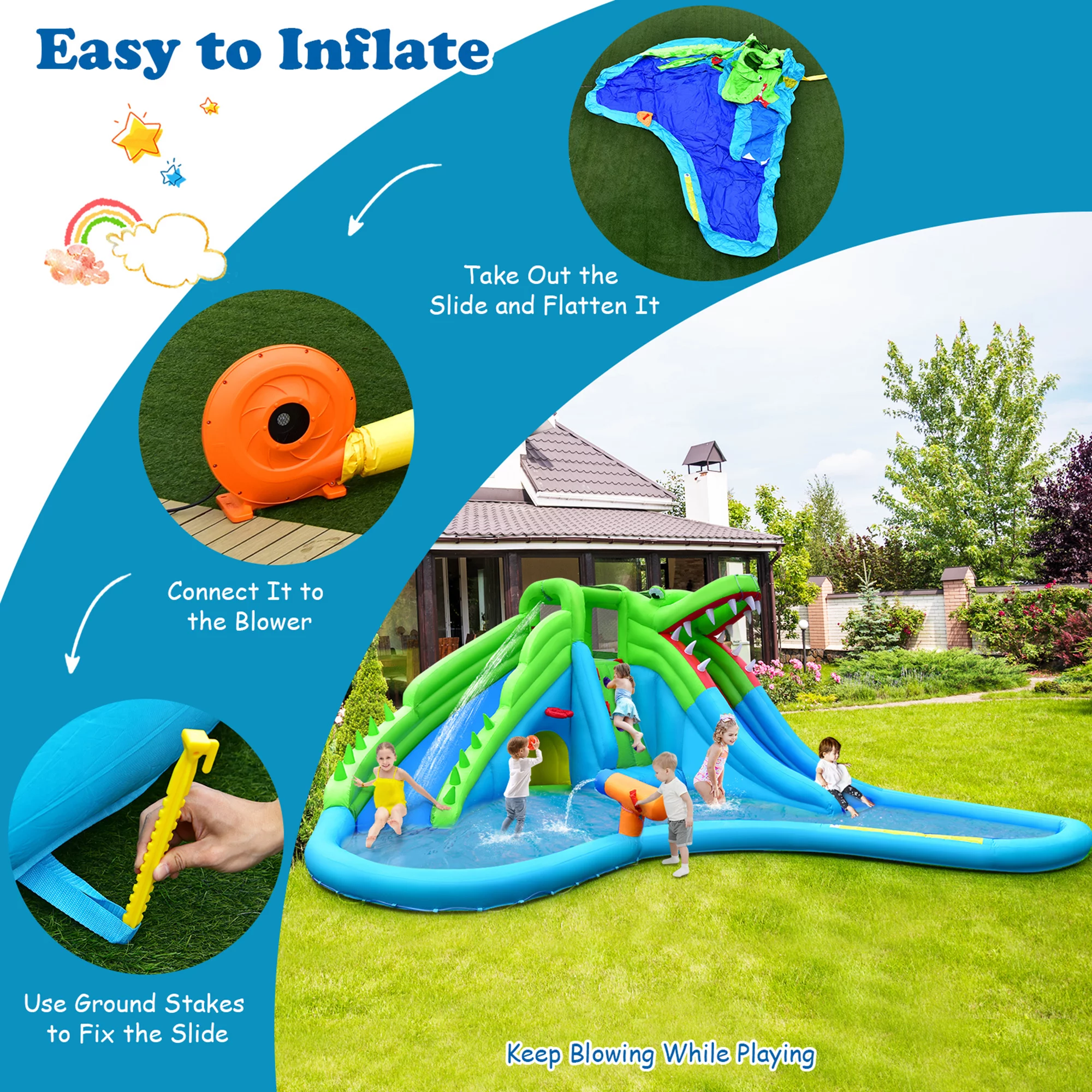 Gymax Crocodile Inflatable Water Slide Park Kids Bounce House w/ Dual Slides With 780W Blower - Womvr