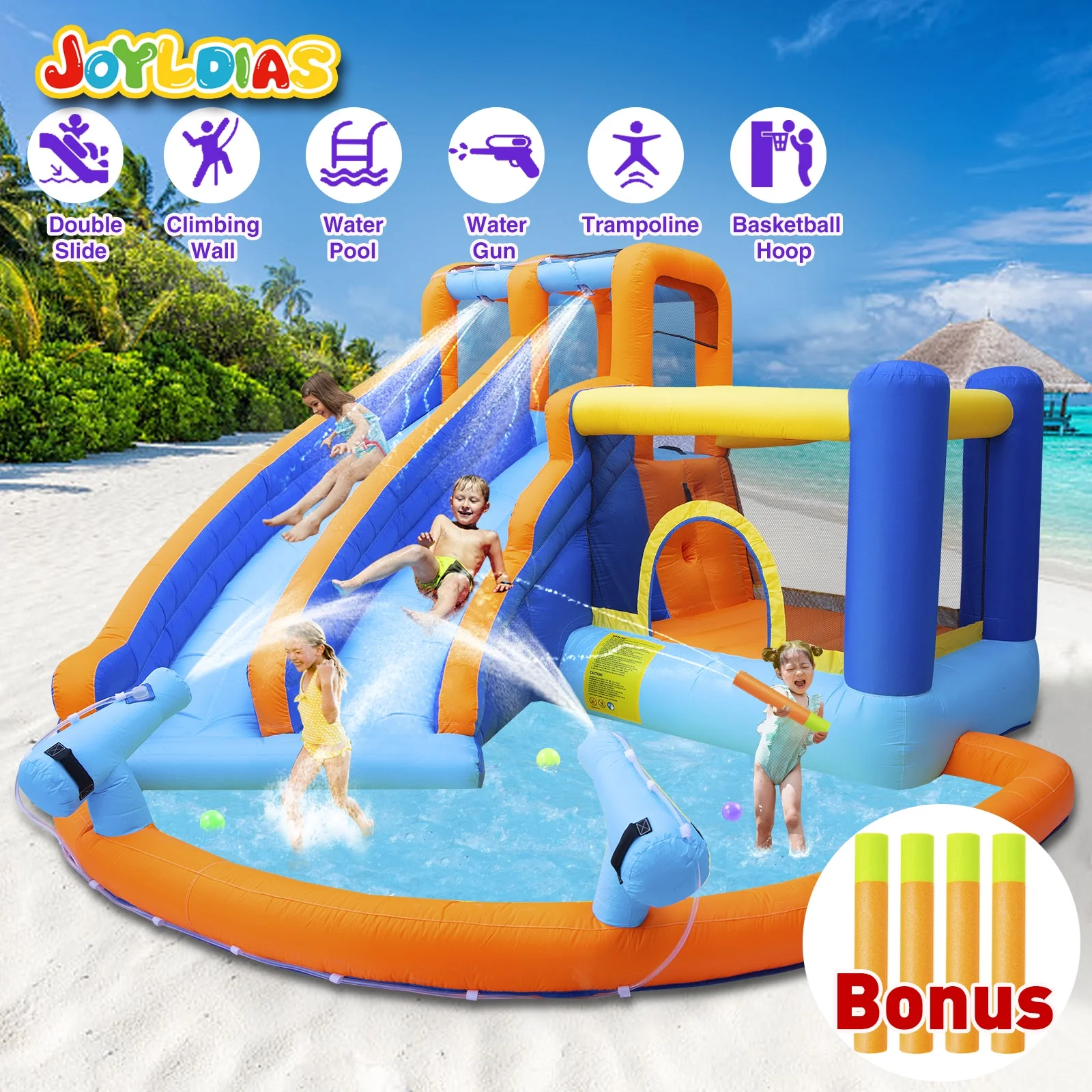 JOYLDIAS Kids Inflatable Water Slide Giant Water Park Double Slide Bouncer Playhouse Castle with 4 Water Guns, Pool, Jump Area, Climbing Wall, Air Blower - Womvr