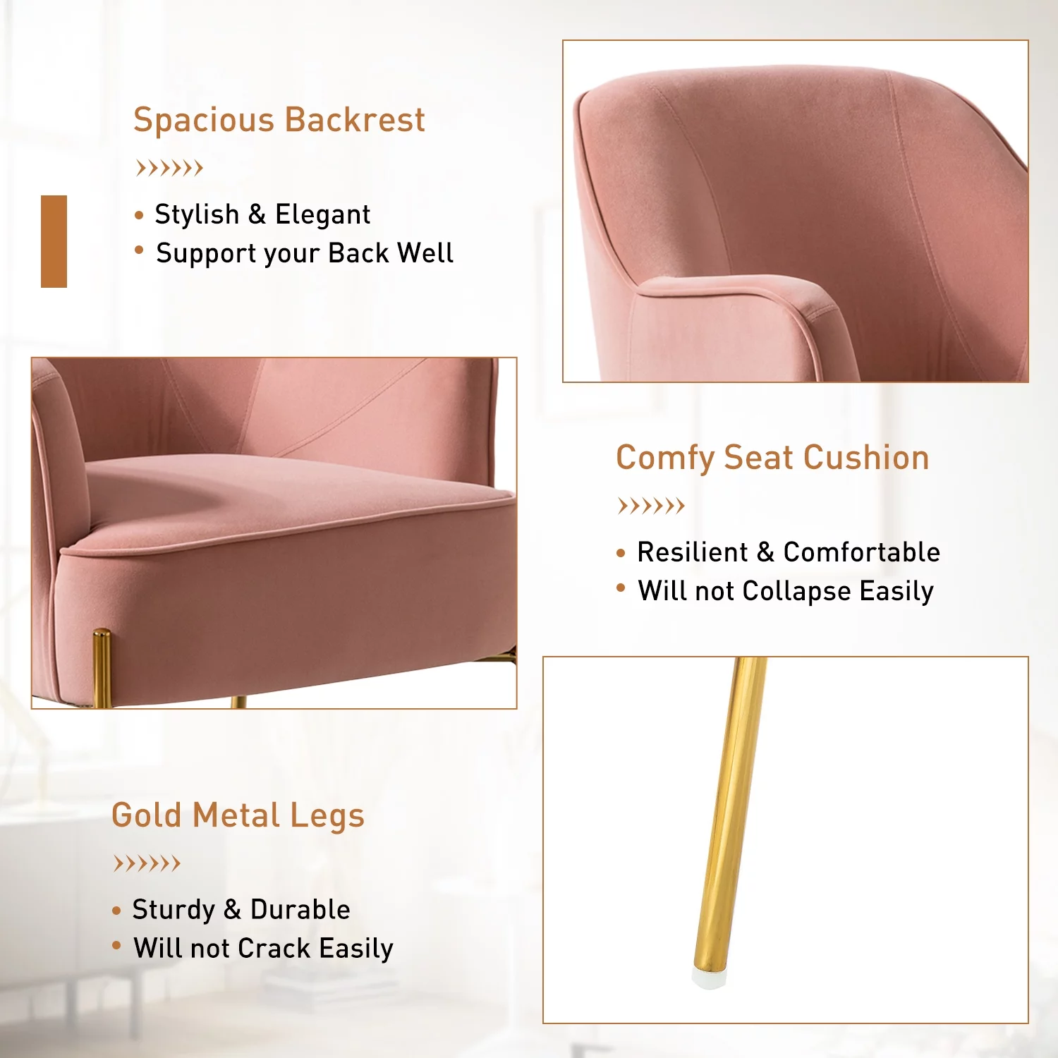 Velvet Upholstered Accent Chair Metal Legs Curved Backrest Lounge Home Armchair Bedroom Adult Pink - Womvr