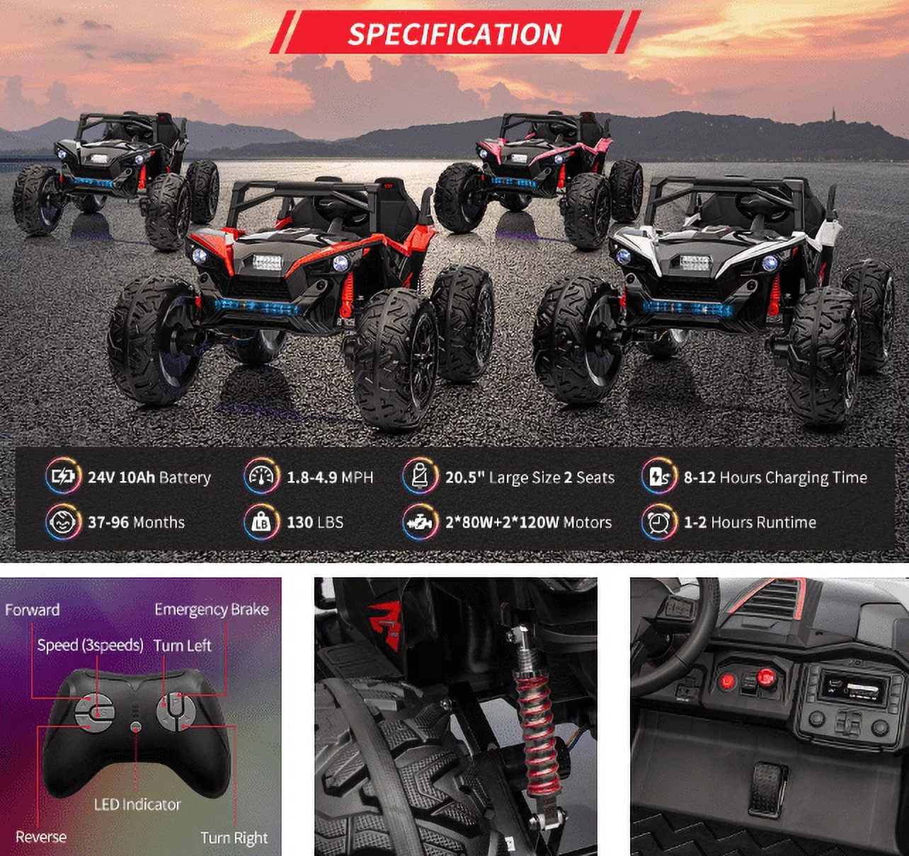 EastVita 24V Ride on Car with ,Extra Large 2 Seat 20.5