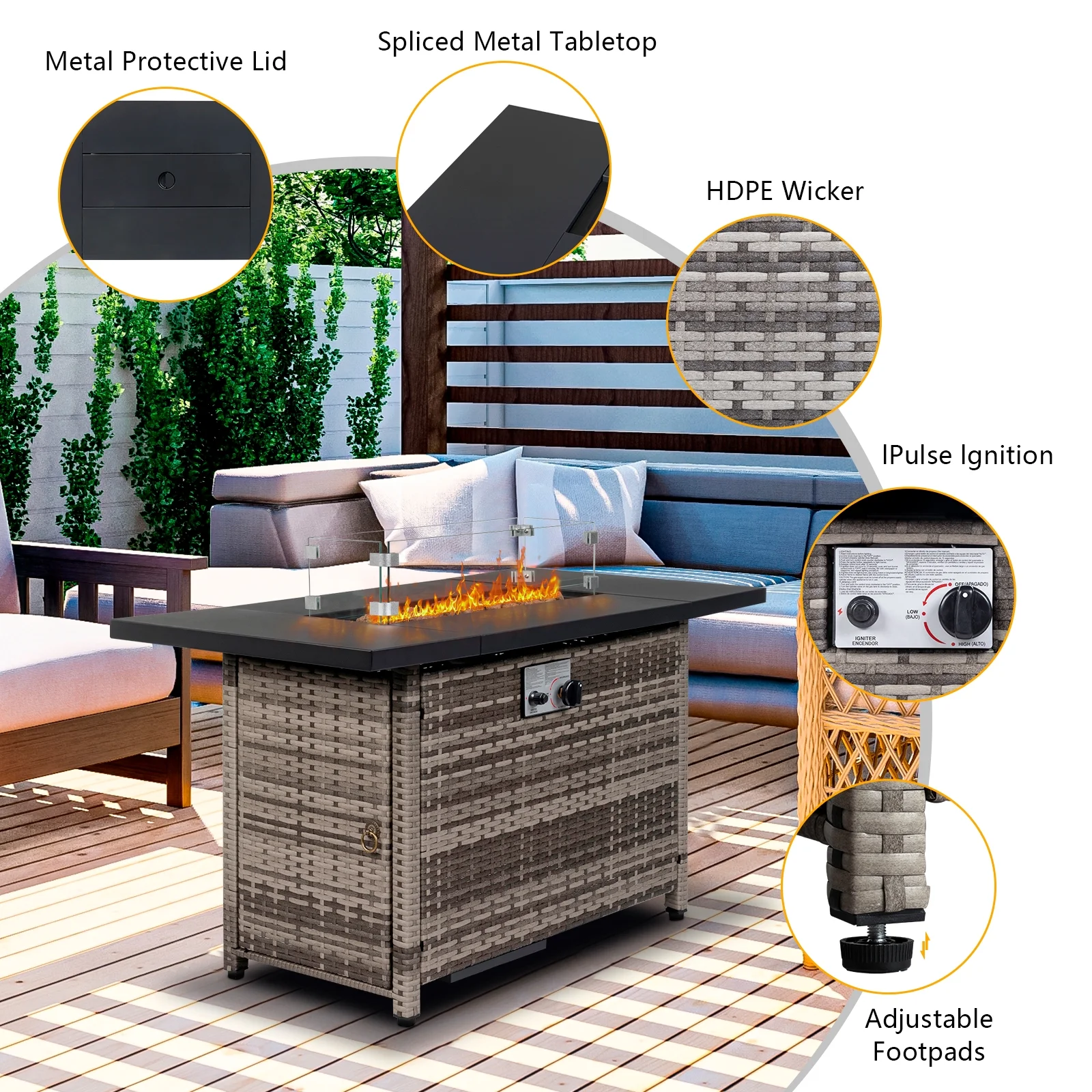 43.3 inch Gas Fire Pit Table, SYNGAR 2-in-1 50,000 BTU Propane Gas Fire Pit Table, Outdoor Propane Fire Pit with Glass Wind Guard, Blue Rocks and Lid, for Patio, Backyard, Garden, Poolside, D4620 - Womvr