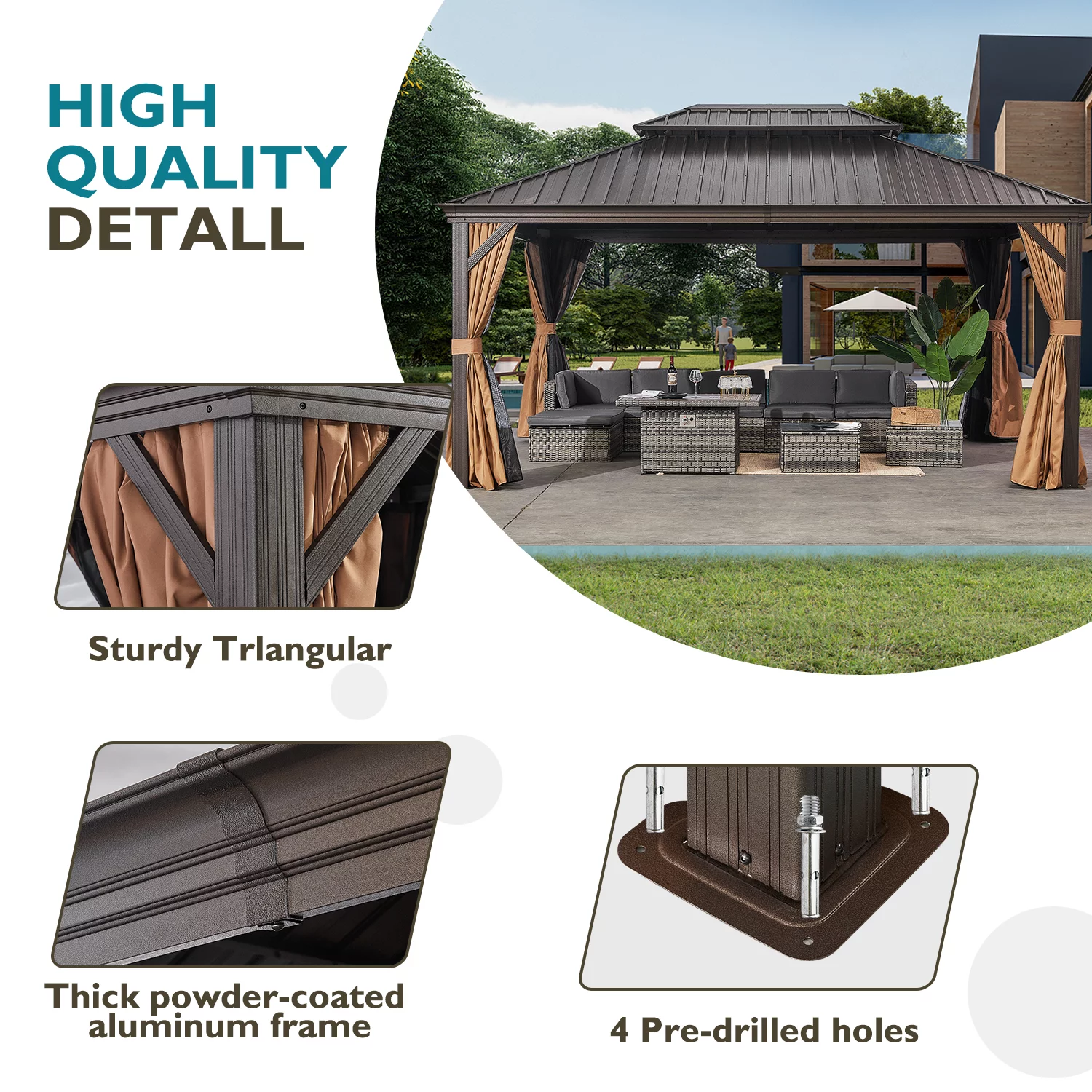 Aoxun 10'x12' Hardtop Gazebo, Outdoor Steel Double Roof Canopy, Aluminum Frame Permanent Pavilion with Curtains and Netting, Sunshade for Garden, Patio, Lawns, Black - Womvr