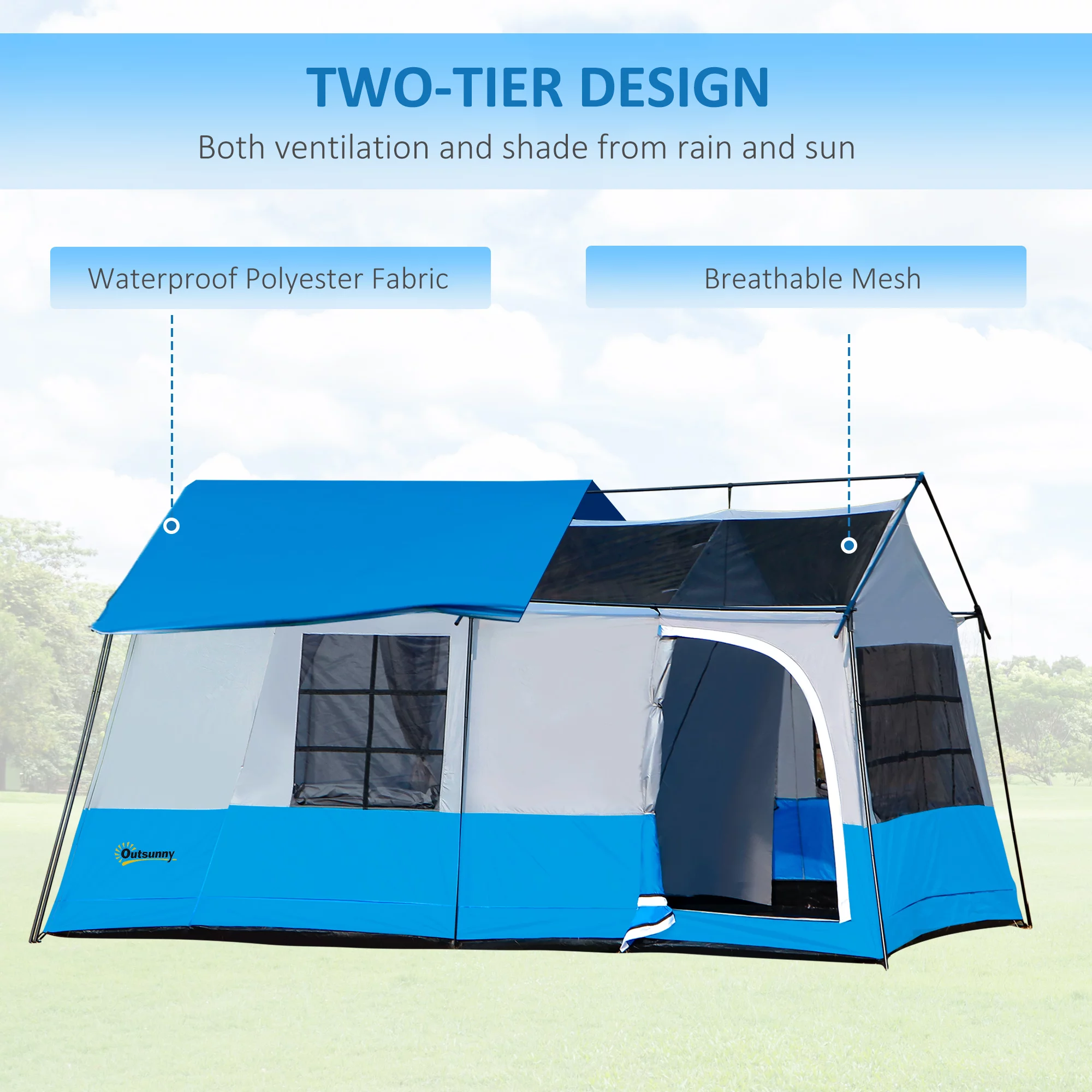 Outsunny Large Camping Tent 10-Person with Rain Cover, Family Tent, Blue - Womvr