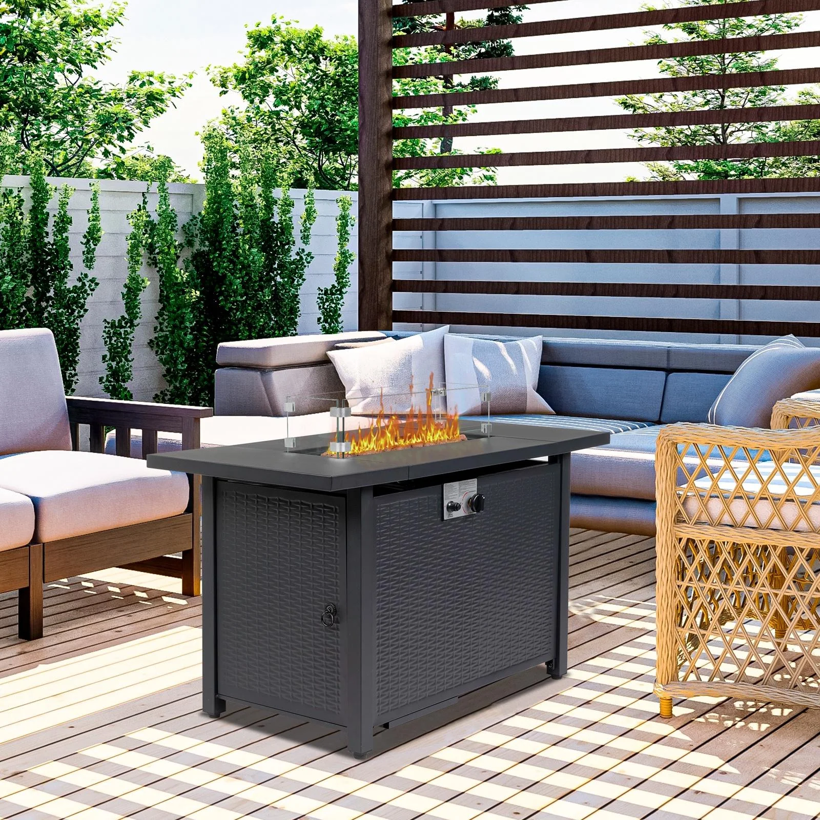 SEGMART 43'' Propane Fire Pit, 50,000 BTU Auto-Ignition Gas Fire Pit Table, Outdoor Fire Tables with Rain Cover, Lid and Tempered Glass Wind Guard for Outside, Garden, Backyard - Womvr
