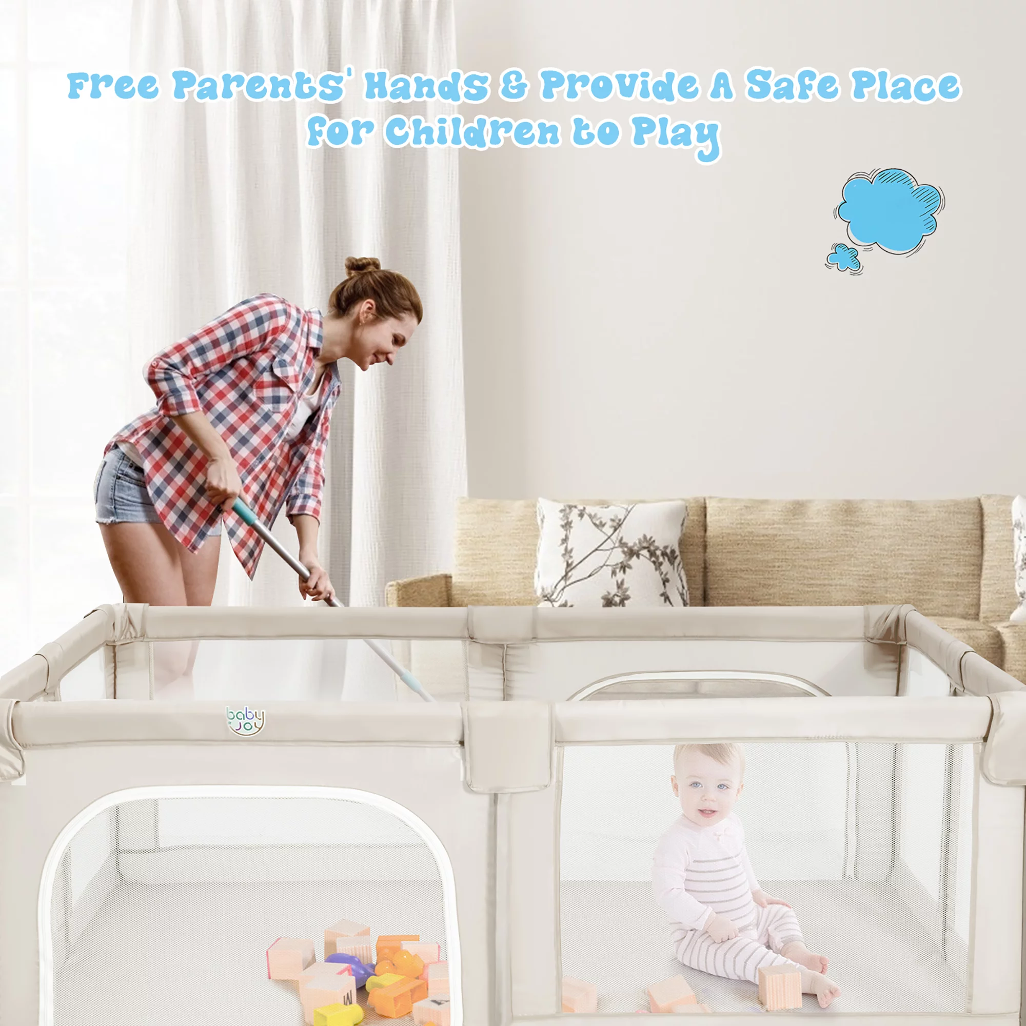Babyjoy Playpen Extra Large Unisex Kids Baby Activity Center Safety Play Yard with Gate Gray - Womvr