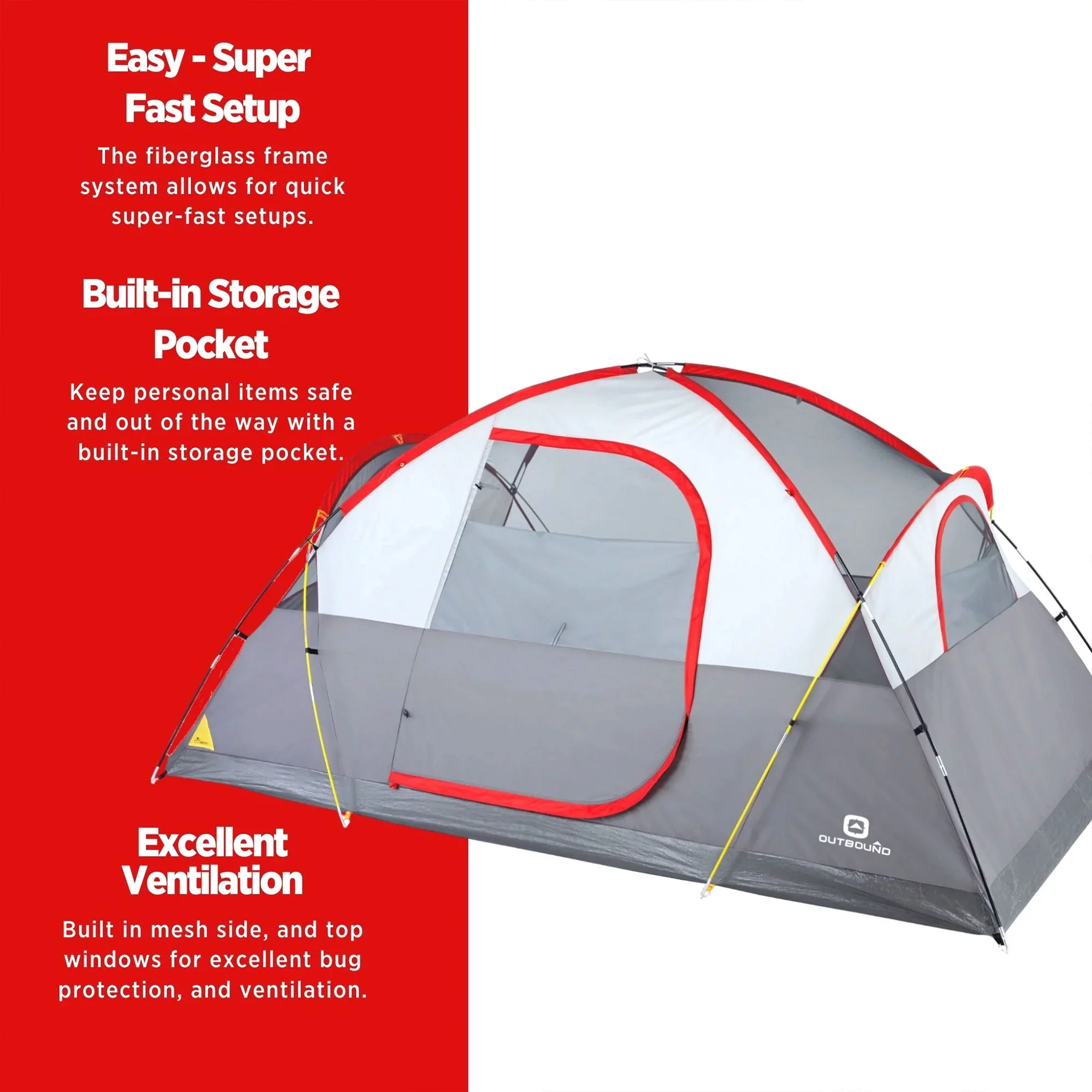 Outbound 8 Person 3 Season Easy Up Dome Tent with Room Divider and Rainfly, Red - Womvr