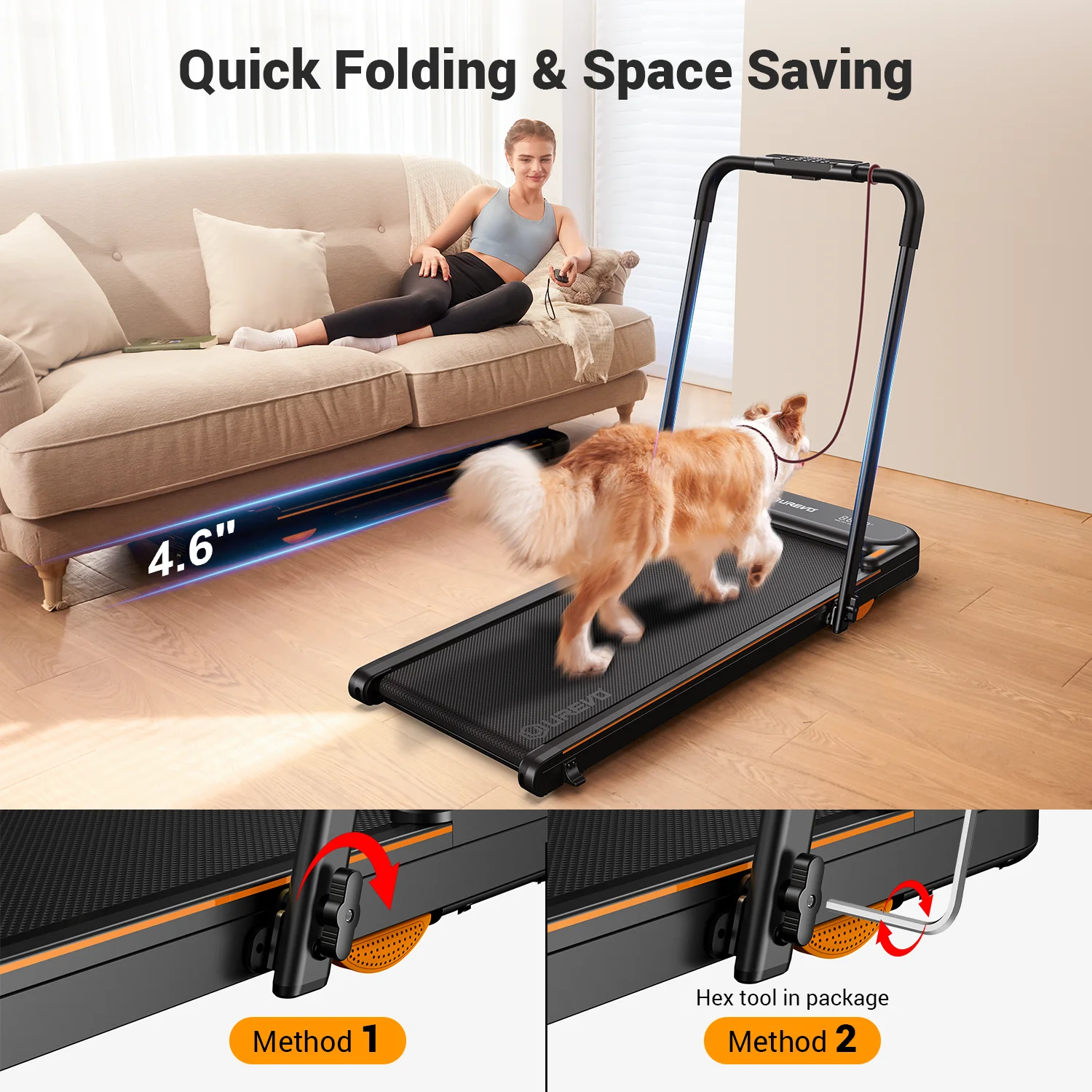 UREVO 2 in 1 Under Desks Treadmill, 5HIIT Modes Folding Treadmill with Smart Rotary Console 2.5HP 265 lbs for Home Office Gym - Womvr