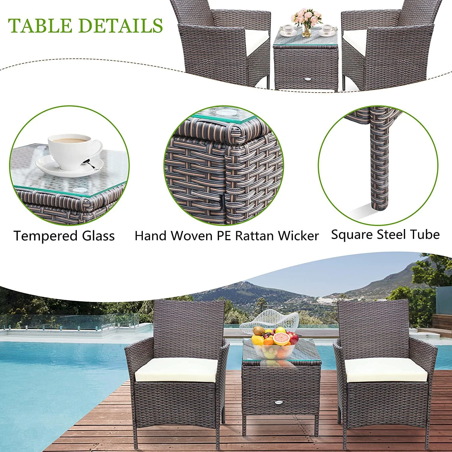 Lacoo 3 Pieces Outdoor Patio Furniture PE Rattan Wicker Table and Chairs Set Bar Set with Cushioned Tempered Glass, Brown/Beige, 2 - Womvr