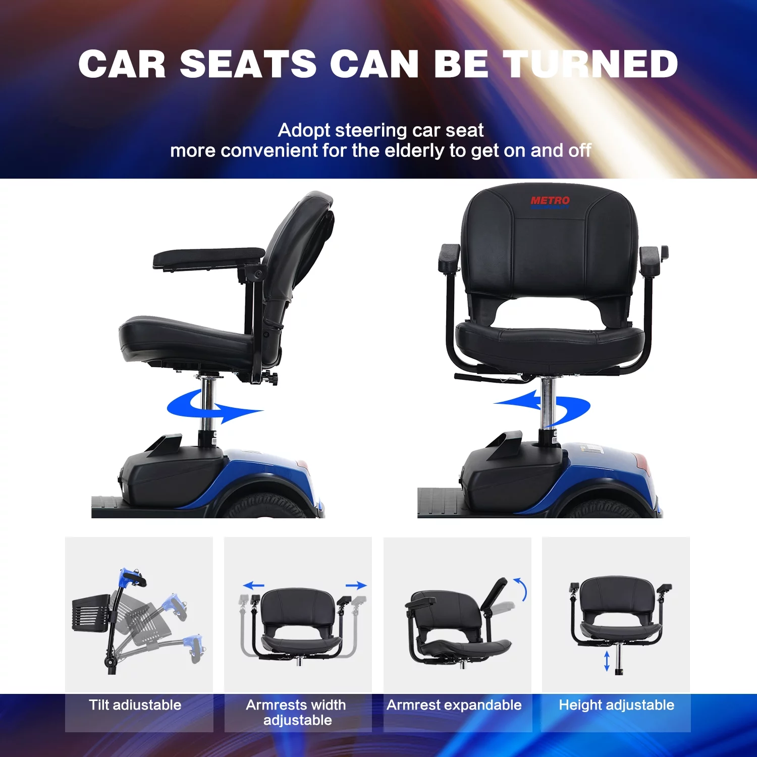 Folding 4 Wheels Mobility Scooter with USB Charging Port, Windshield, LED Head and Rear Light - Blue - Womvr