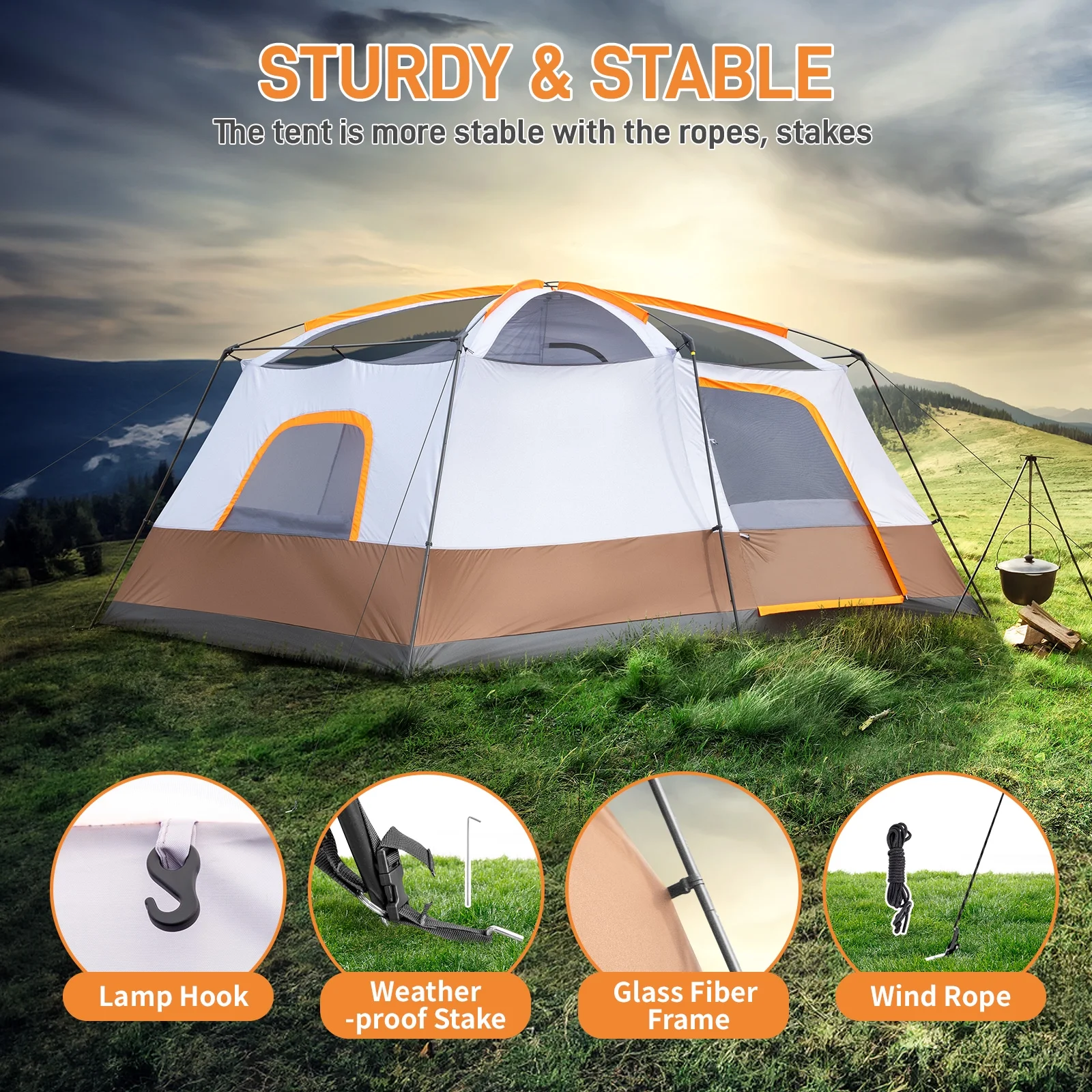 Zimtown Family Camping Tents 10 People Three Rooms Polyester Cloth Fiberglass Poles Dark Gray - Womvr