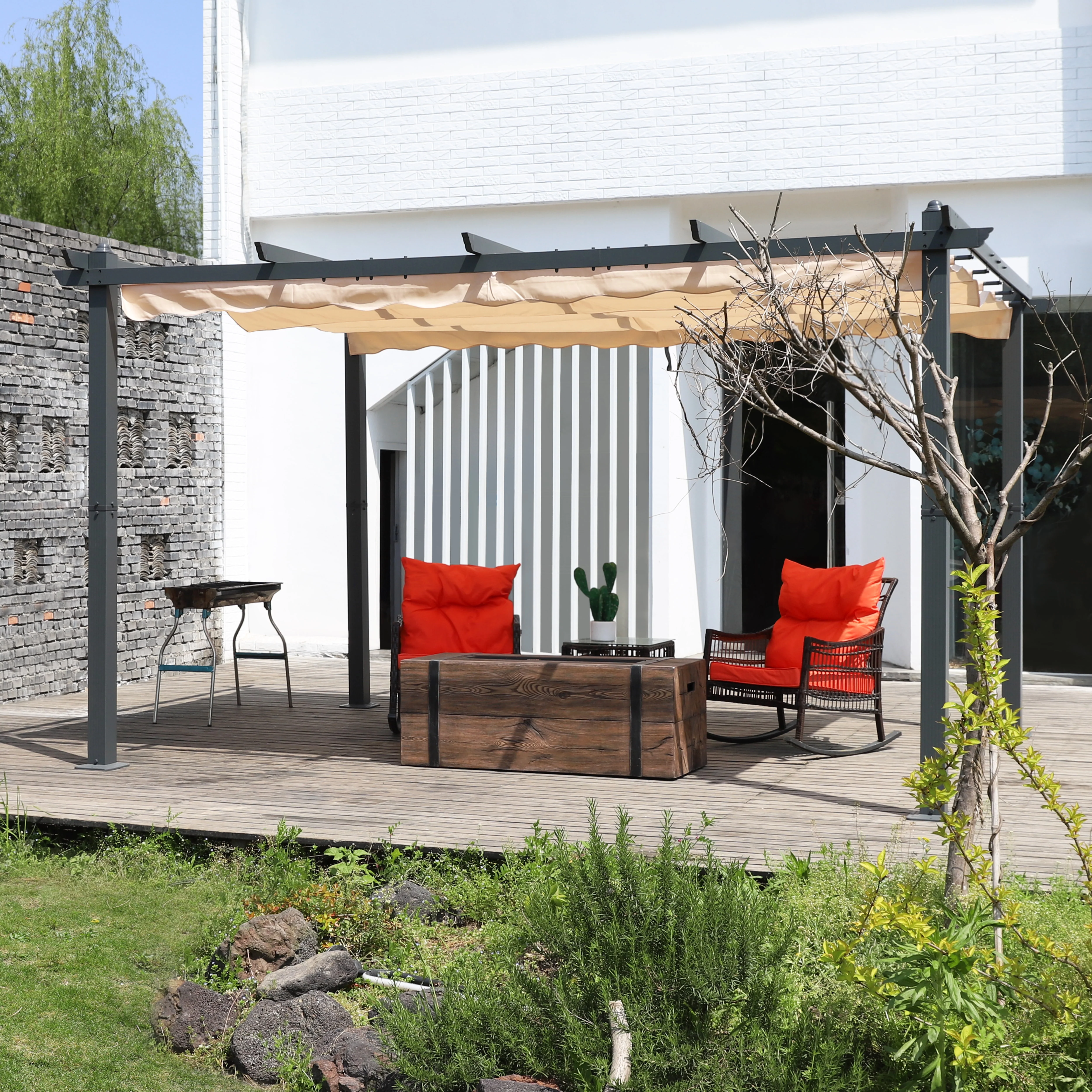 VEIKOUS 10' x 10' Outdoor Metal Pergola, Aluminum Gazebo w/Retractable Canopy for Patio, Gray - Womvr
