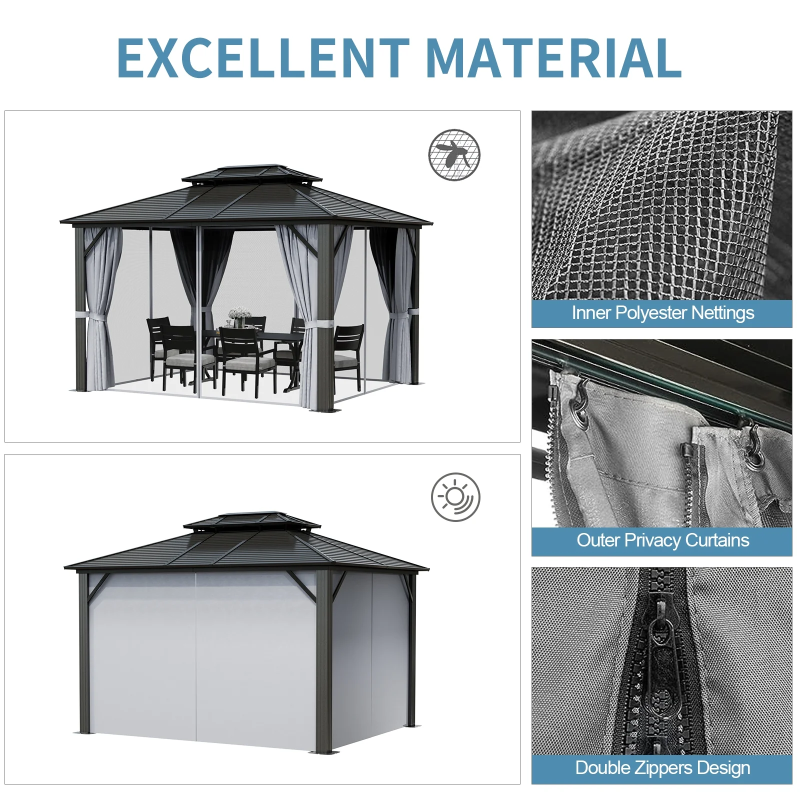 Aoxun 10 ft. x 12 ft. Outdoor Hardtop Gazebo, Galvanized Steel Double Roof Gazebo with Curtain and Netting, Gray - Womvr